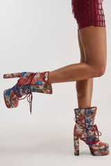 AKIRA GOLD MAYBE MULTI VELVET PRINT PLATFORM BOOTIE