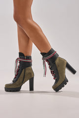 AKIRA GOLD MUFFLER GREENMULTI BLOCK HEEL BOOTIE