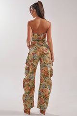 IN HER ELEMENT FLORAL WOVEN JUMPSUIT IN BROWN MULTI
