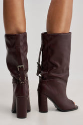 AKIRA GOLD REMIX MAHOGANY OPEN TOE BLOCK BOOTIE