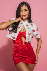 KISS KISS RHINESTONE CROPPED BUTTON DOWN