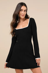 Cute Simplicity Black Textured Mini Sweater Dress