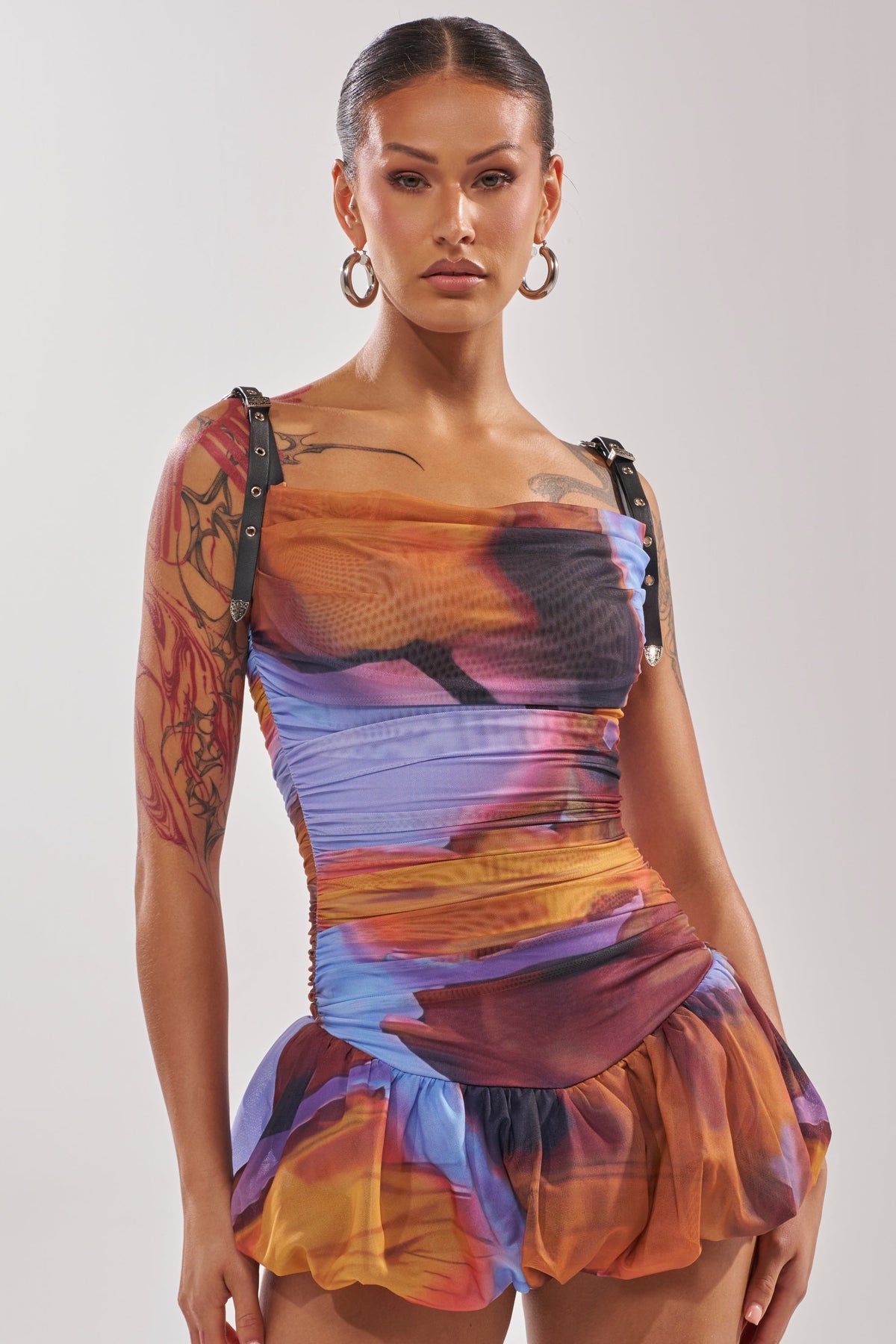 IN A MOOD PRINTED MINI DRESS IN PURPLE