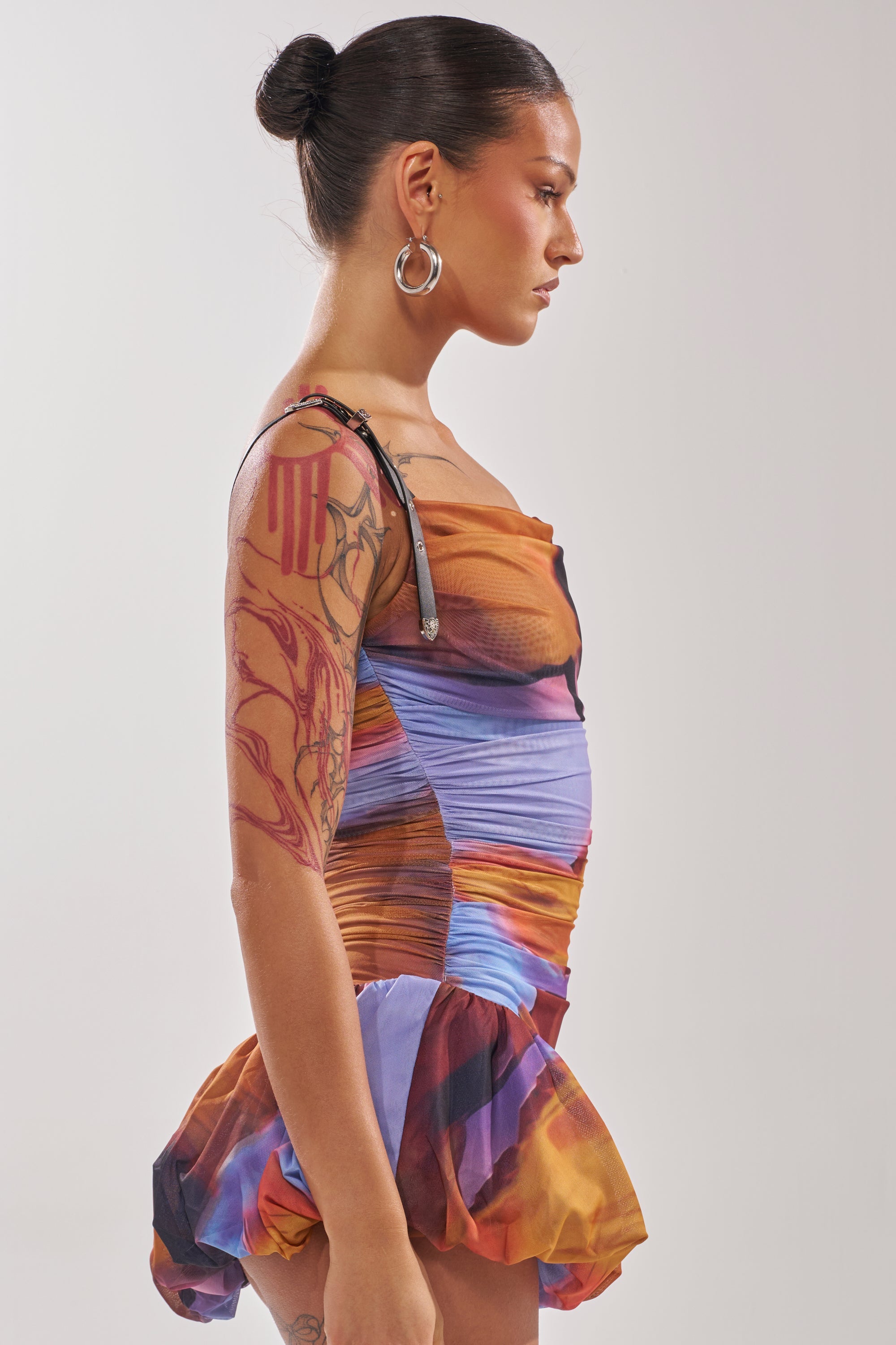 IN A MOOD PRINTED MINI DRESS IN PURPLE