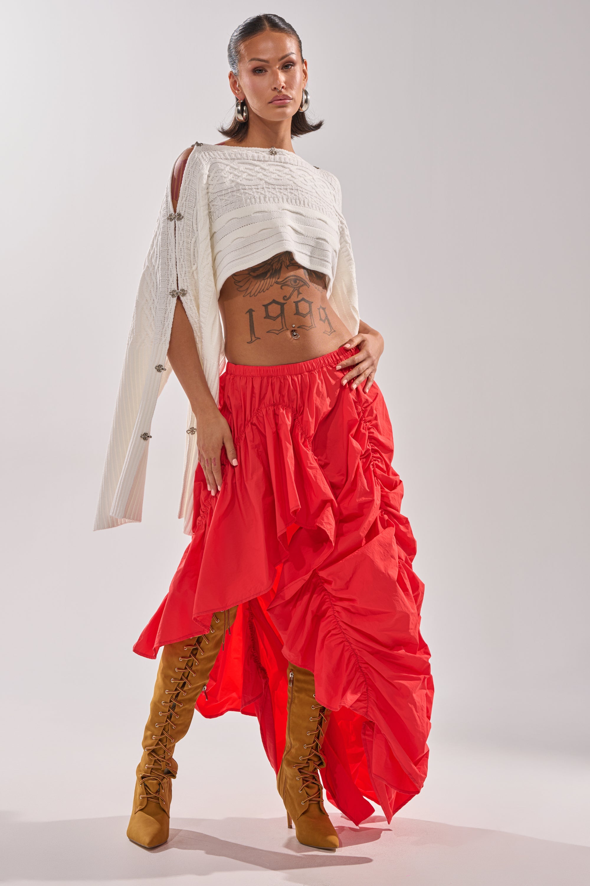 LETS CHANGE IT UP RUCHED MIDI SKIRT IN RED