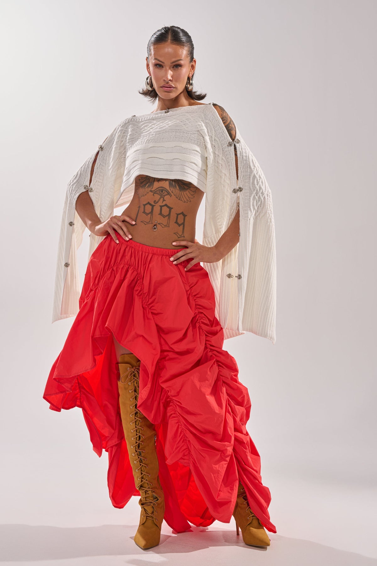 LETS CHANGE IT UP RUCHED MIDI SKIRT IN RED