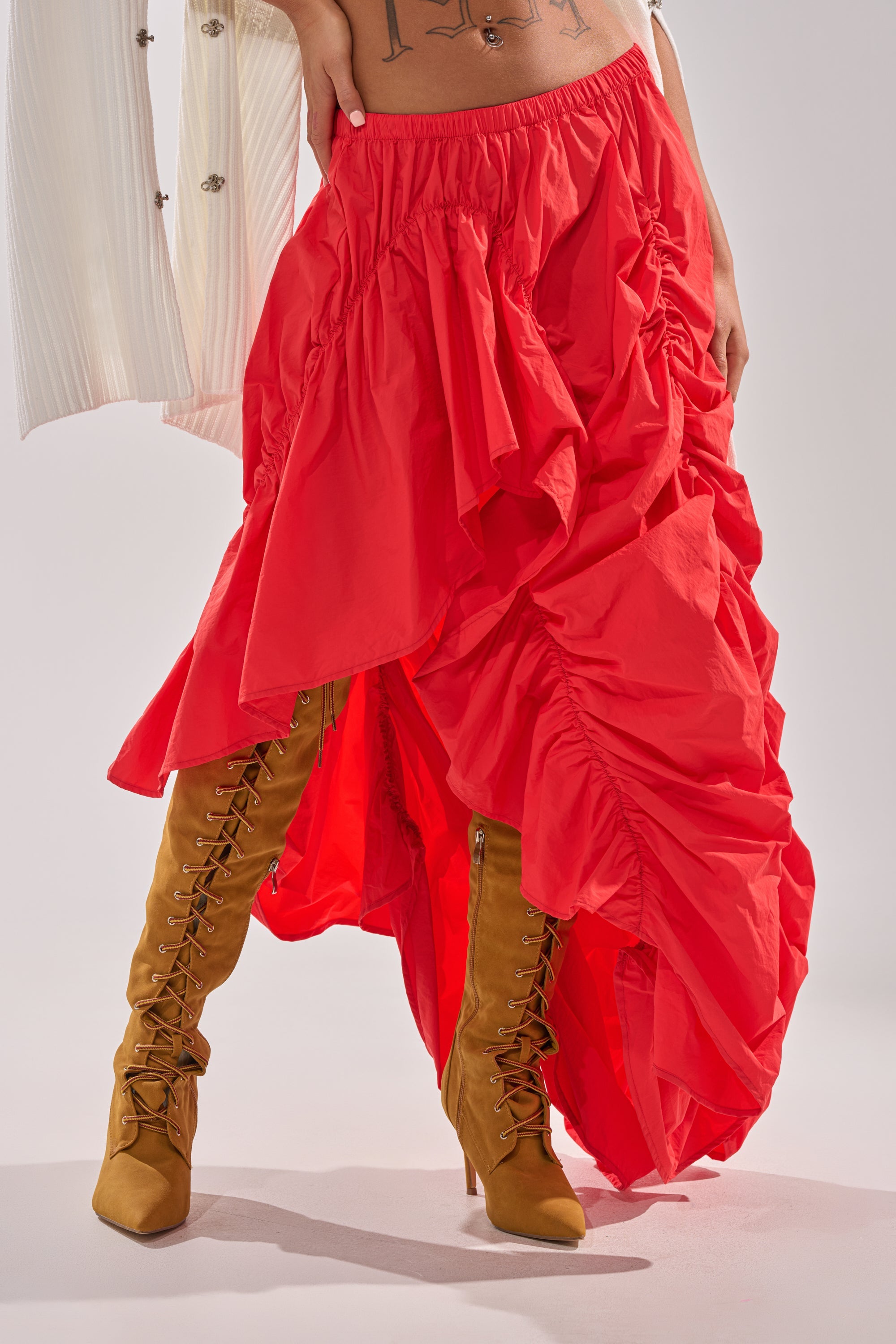 LETS CHANGE IT UP RUCHED MIDI SKIRT IN RED