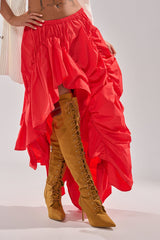 LETS CHANGE IT UP RUCHED MIDI SKIRT IN RED
