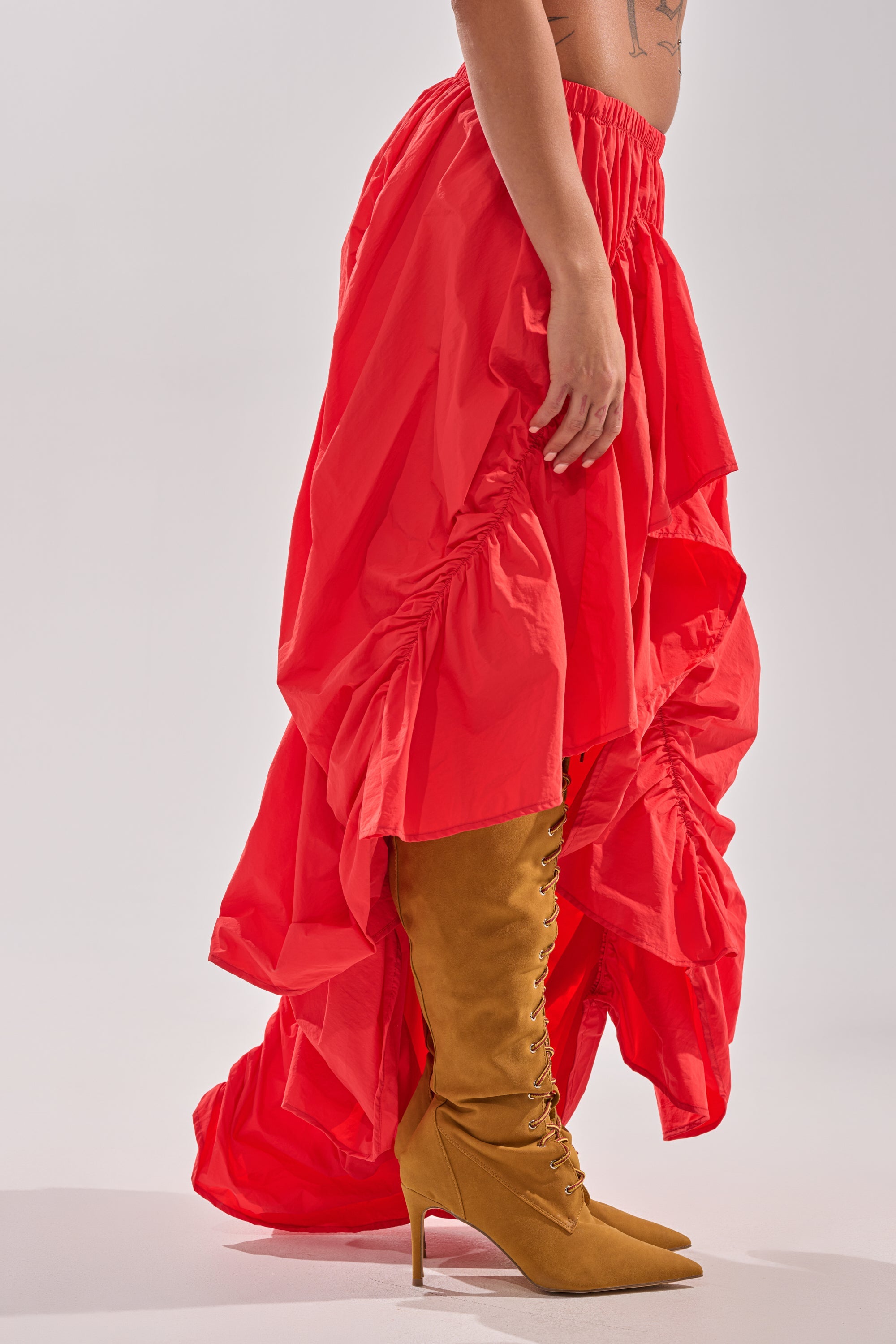 LETS CHANGE IT UP RUCHED MIDI SKIRT IN RED
