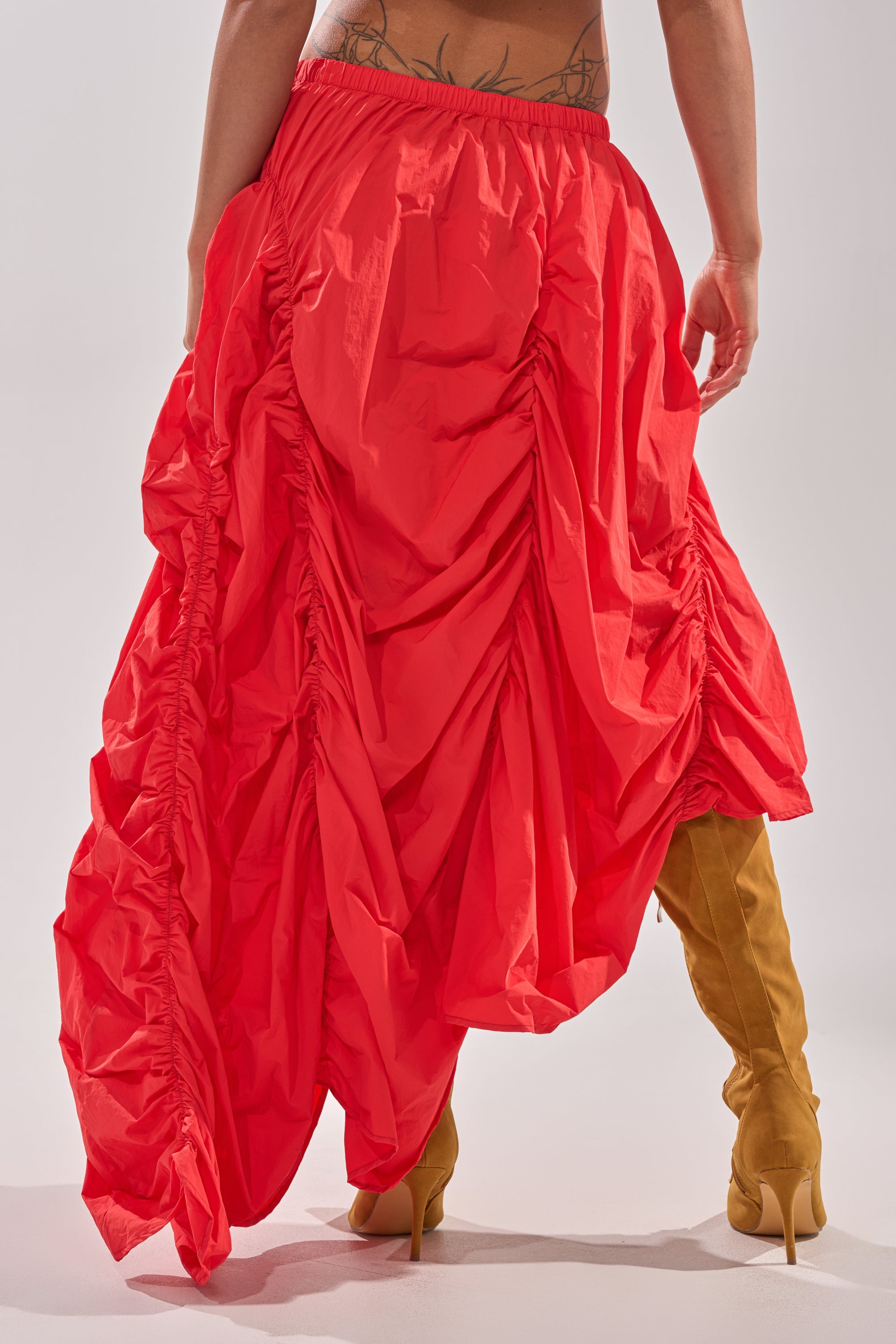 LETS CHANGE IT UP RUCHED MIDI SKIRT IN RED
