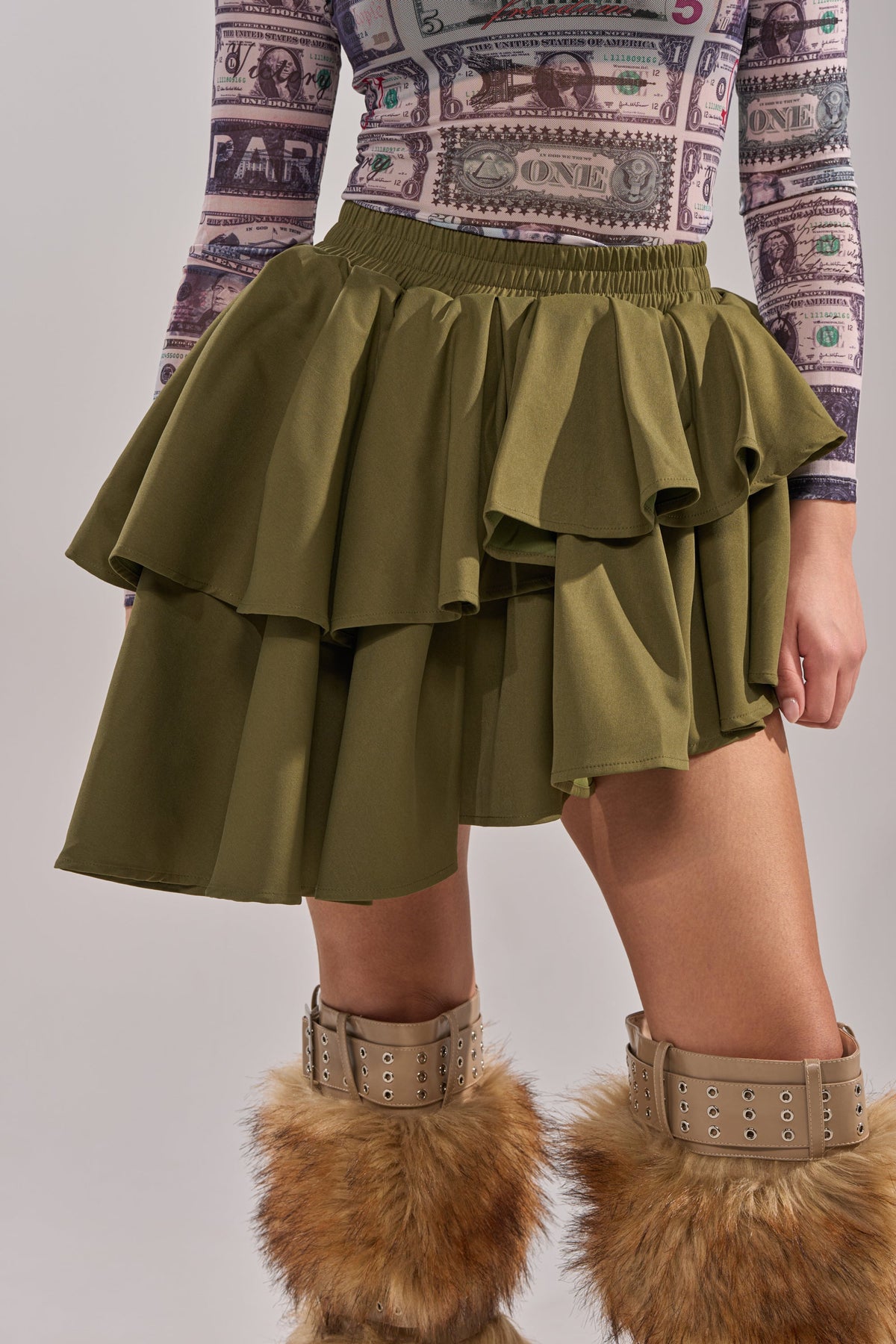 OLIVIA OLIVE MINI PLEATED SKIRT