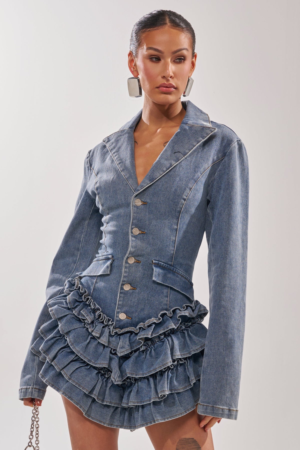 STRICTLY BUSINESS ROMPER IN LIGHT BLUE DENIM