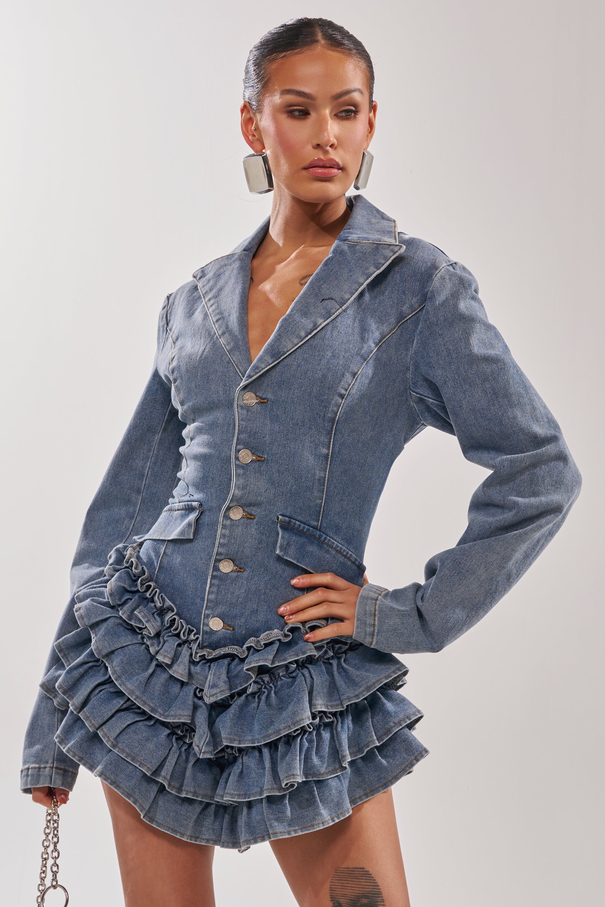 STRICTLY BUSINESS ROMPER IN LIGHT BLUE DENIM