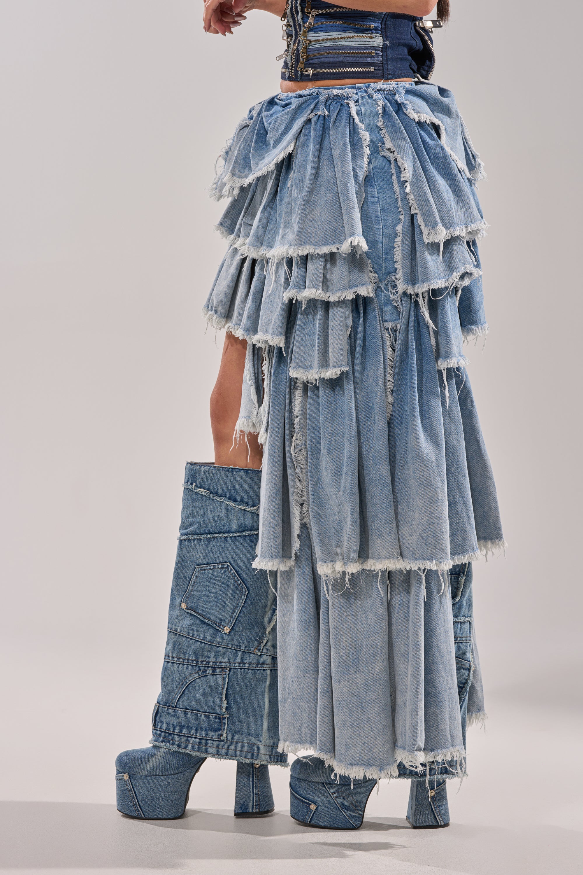 DISTRESSED TIERED ASYMMETRIC MIDI SKIRT
