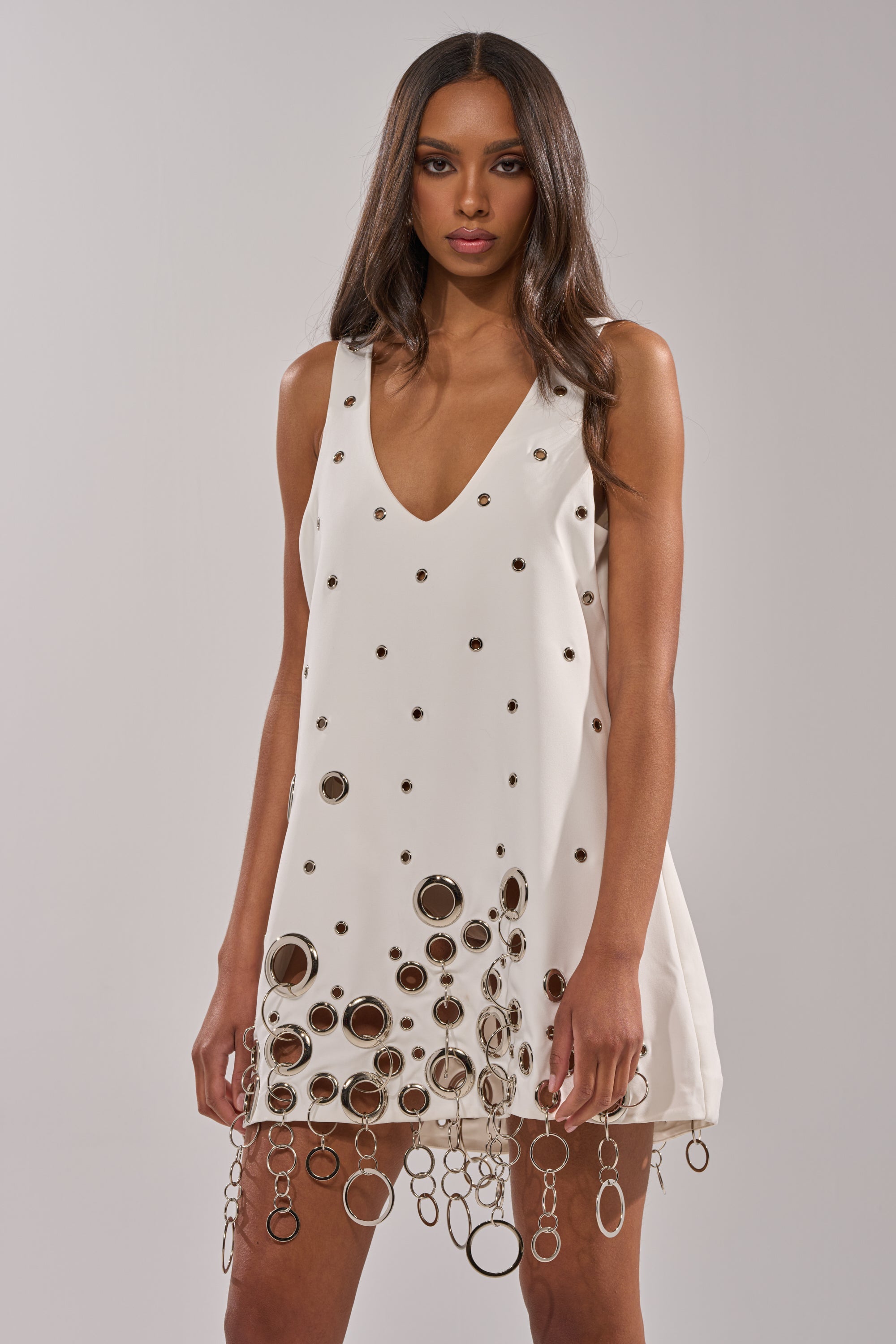 ONE OF A KIND MINI DRESS WITH METAL HARDWARE IN WHITE