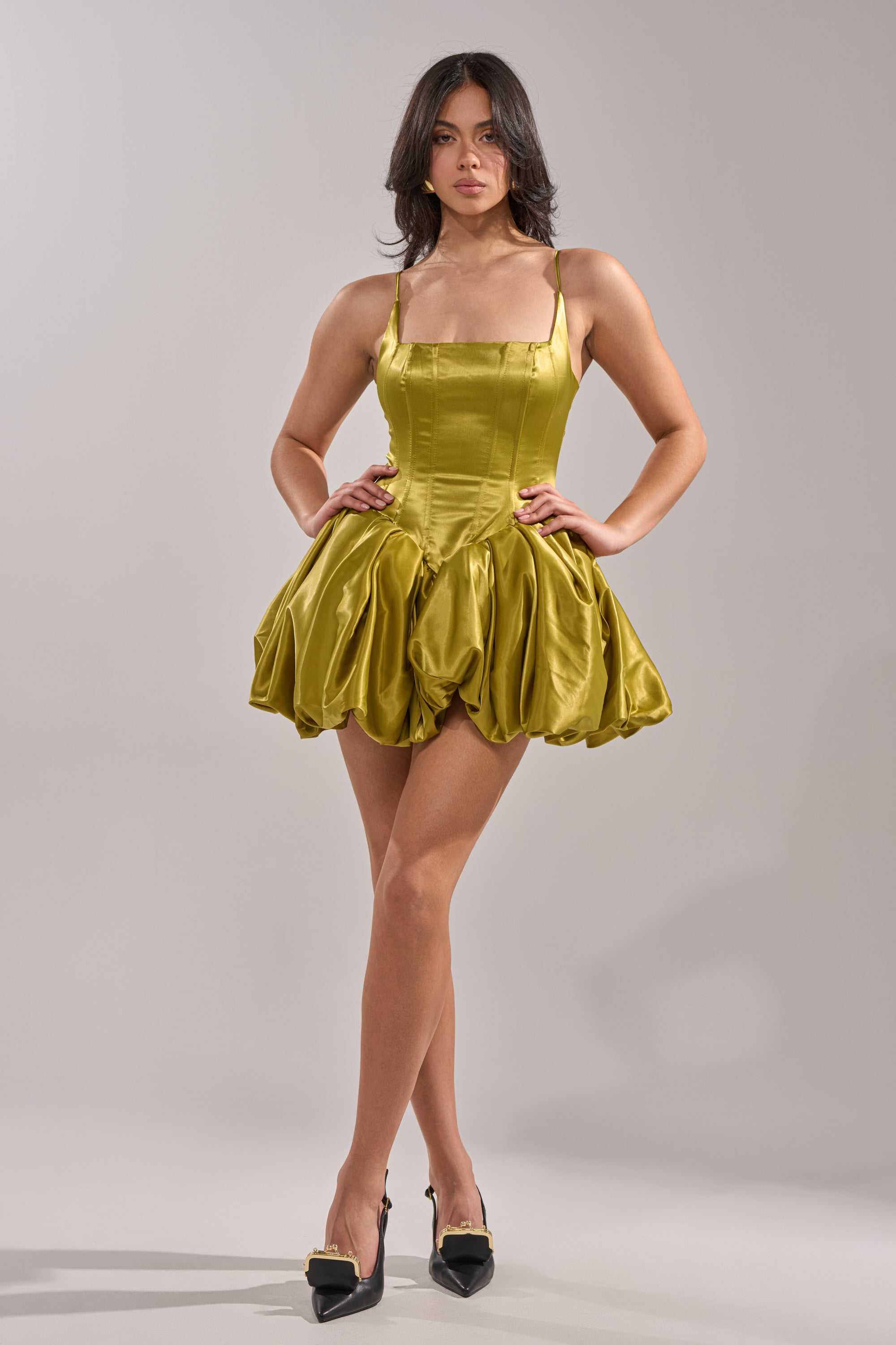 JULIET SATIN MINI DRESS IN GREEN
