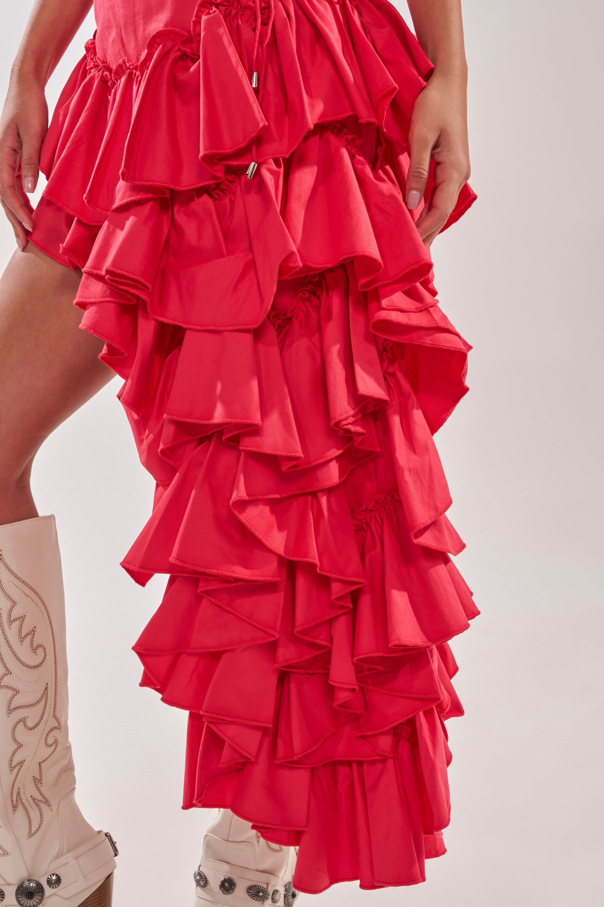 CLAIRE HIGH LOW RUFFLE SKIRT IN RED