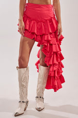 CLAIRE HIGH LOW RUFFLE SKIRT IN RED