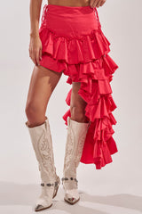 CLAIRE HIGH LOW RUFFLE SKIRT IN RED