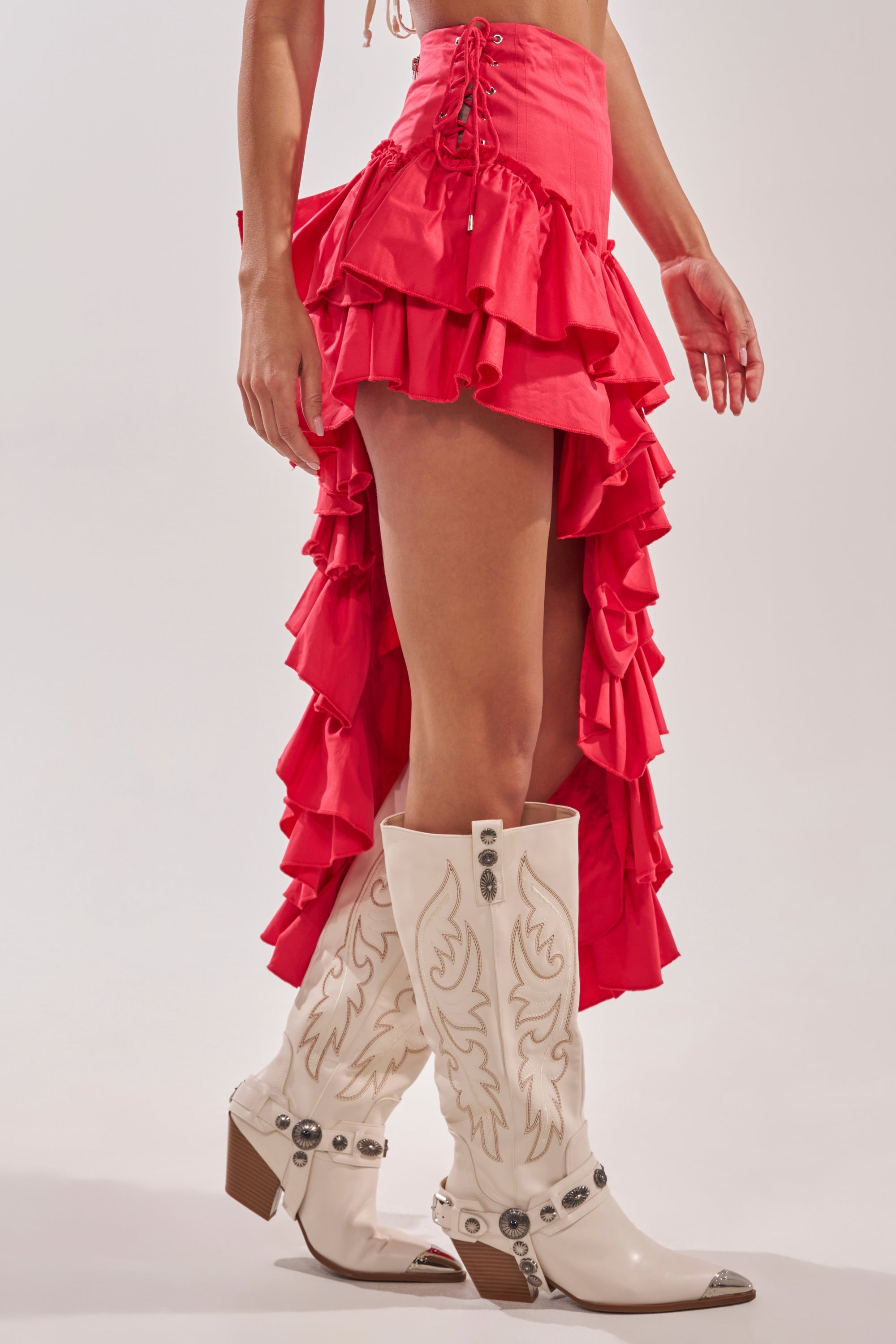 CLAIRE HIGH LOW RUFFLE SKIRT IN RED