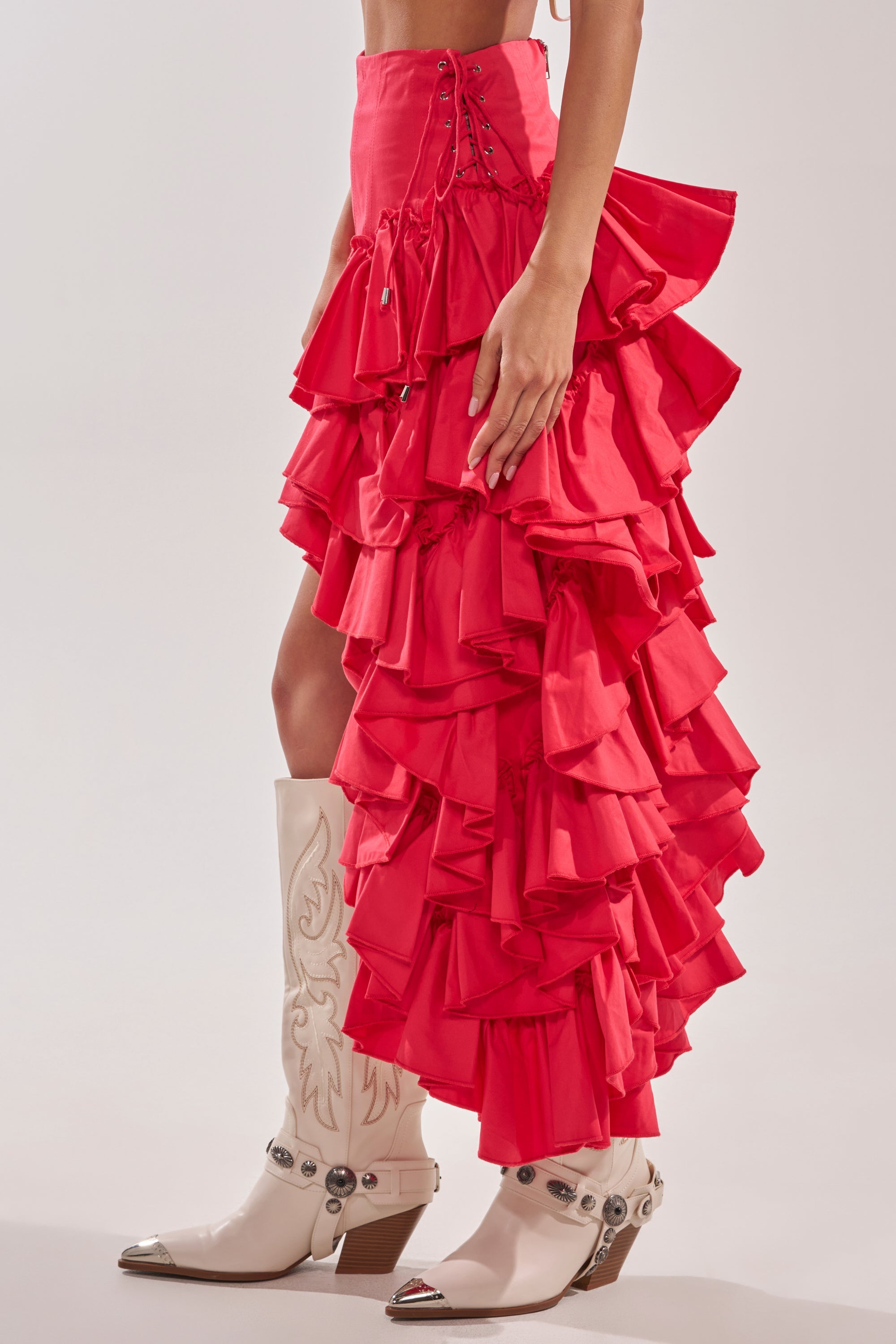 CLAIRE HIGH LOW RUFFLE SKIRT IN RED