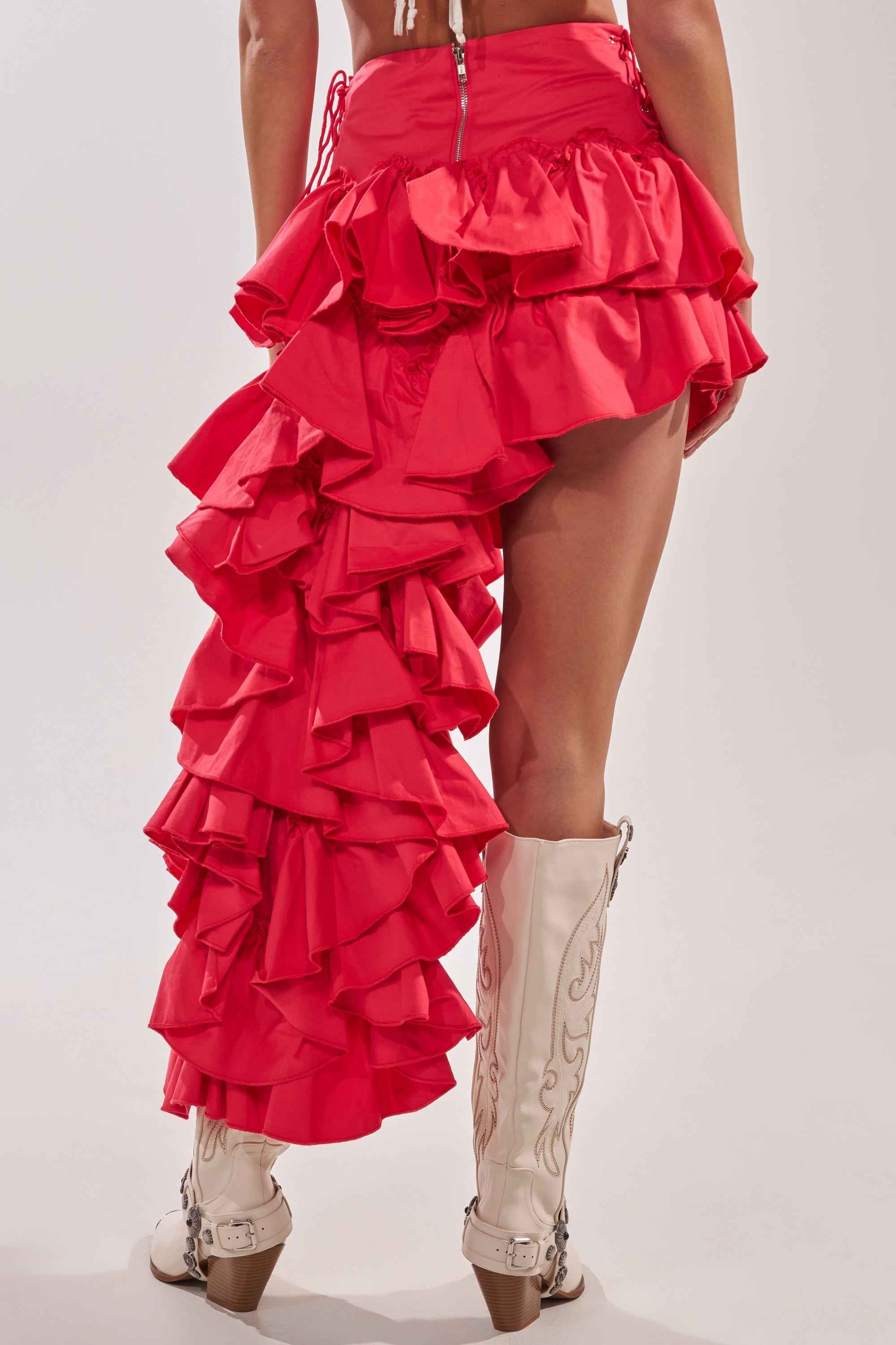 CLAIRE HIGH LOW RUFFLE SKIRT IN RED