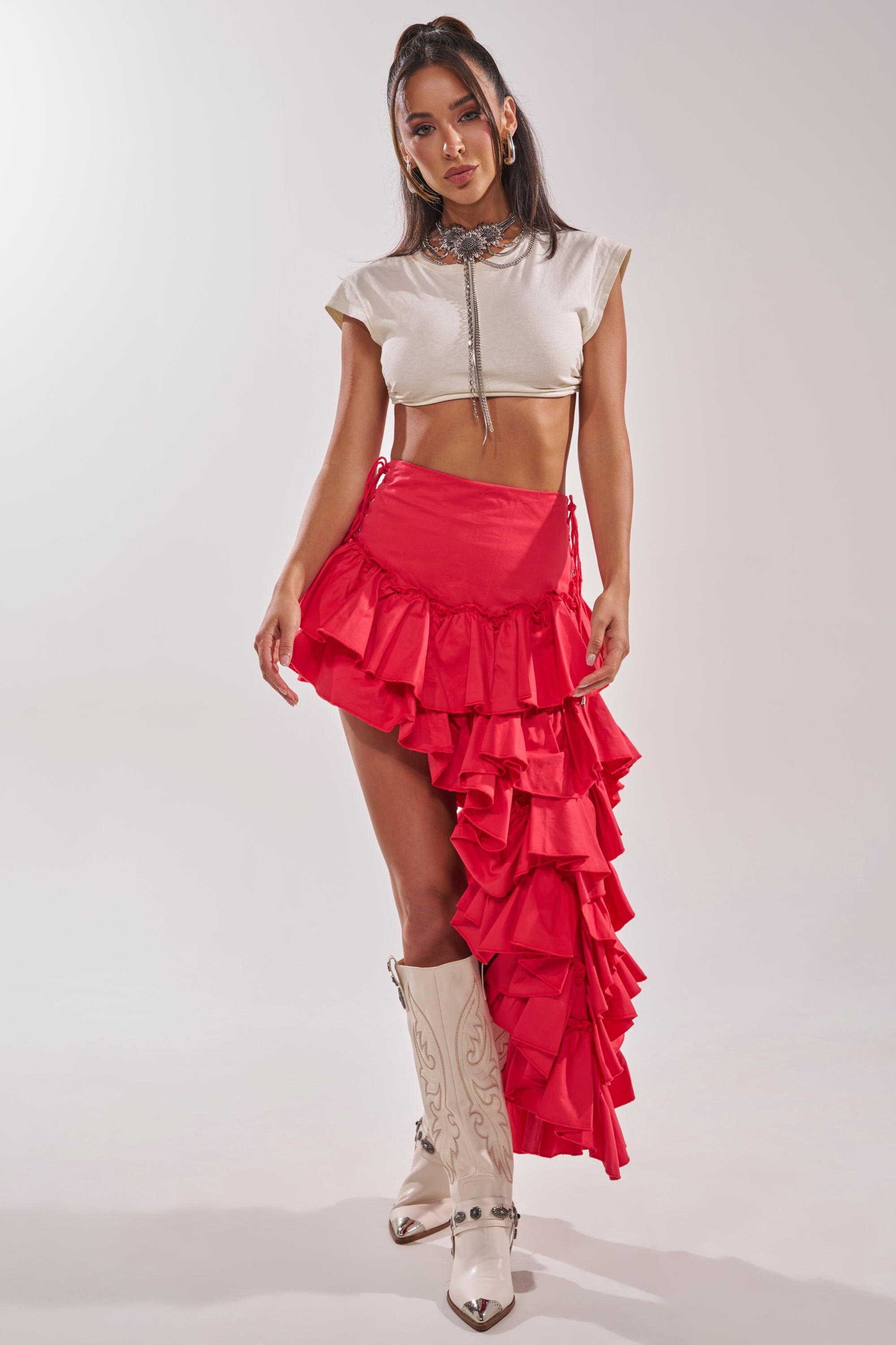 CLAIRE HIGH LOW RUFFLE SKIRT IN RED