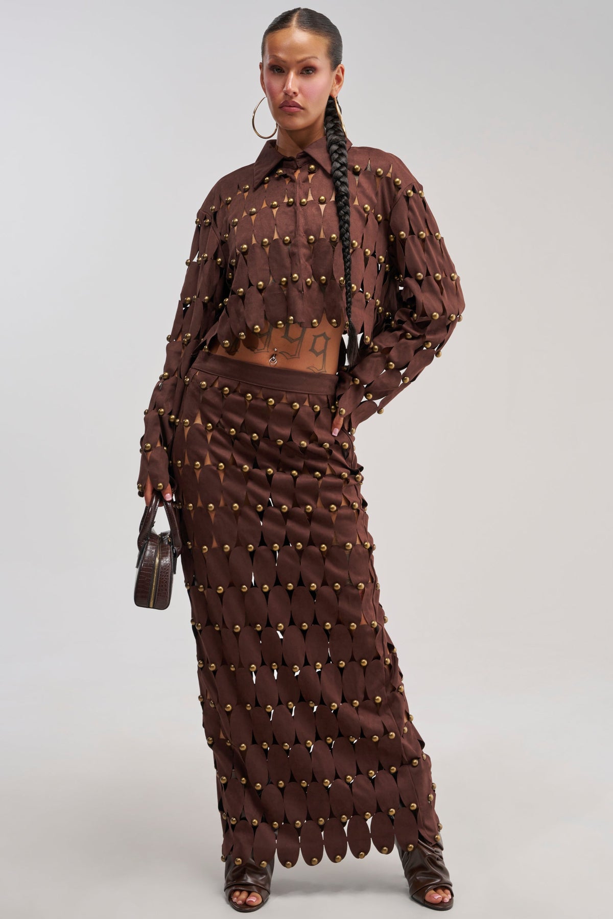 THE SNEAK PEEK STUDDED SUEDE MIDI SKIRT