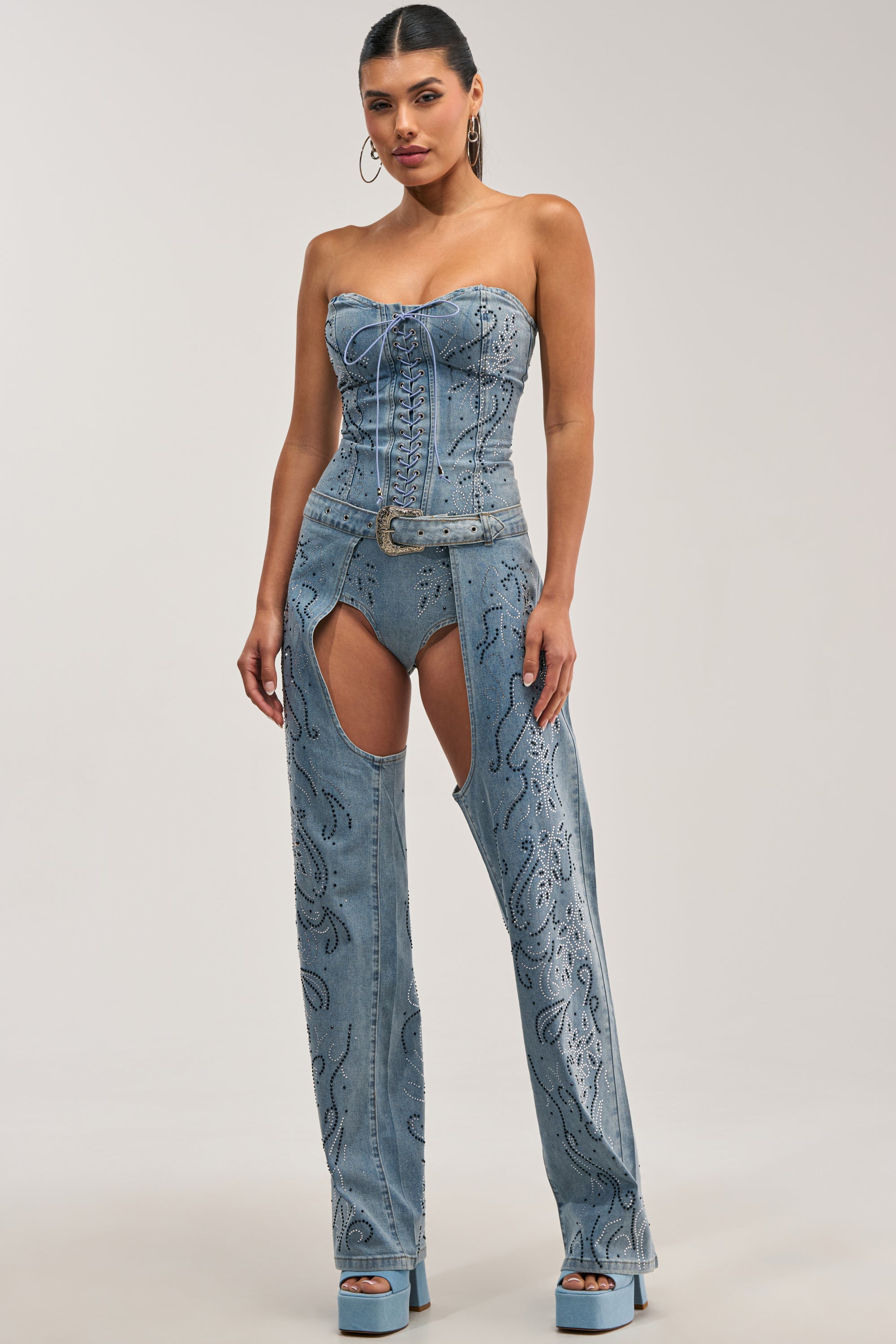 COWGIRL NIGHTS RHINESTONE DENIM BODYSUIT