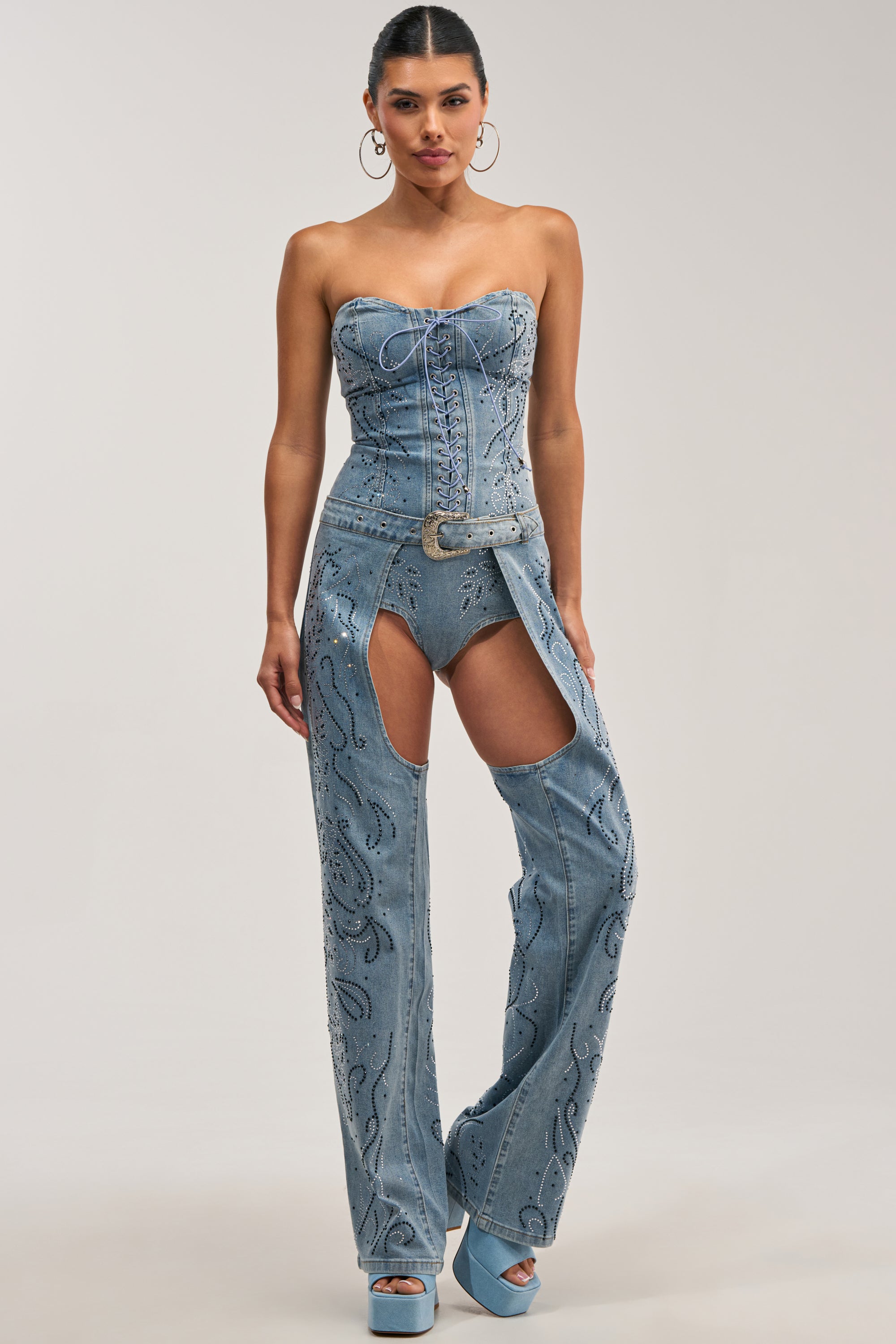 COWGIRL NIGHTS RHINESTONE DENIM BODYSUIT