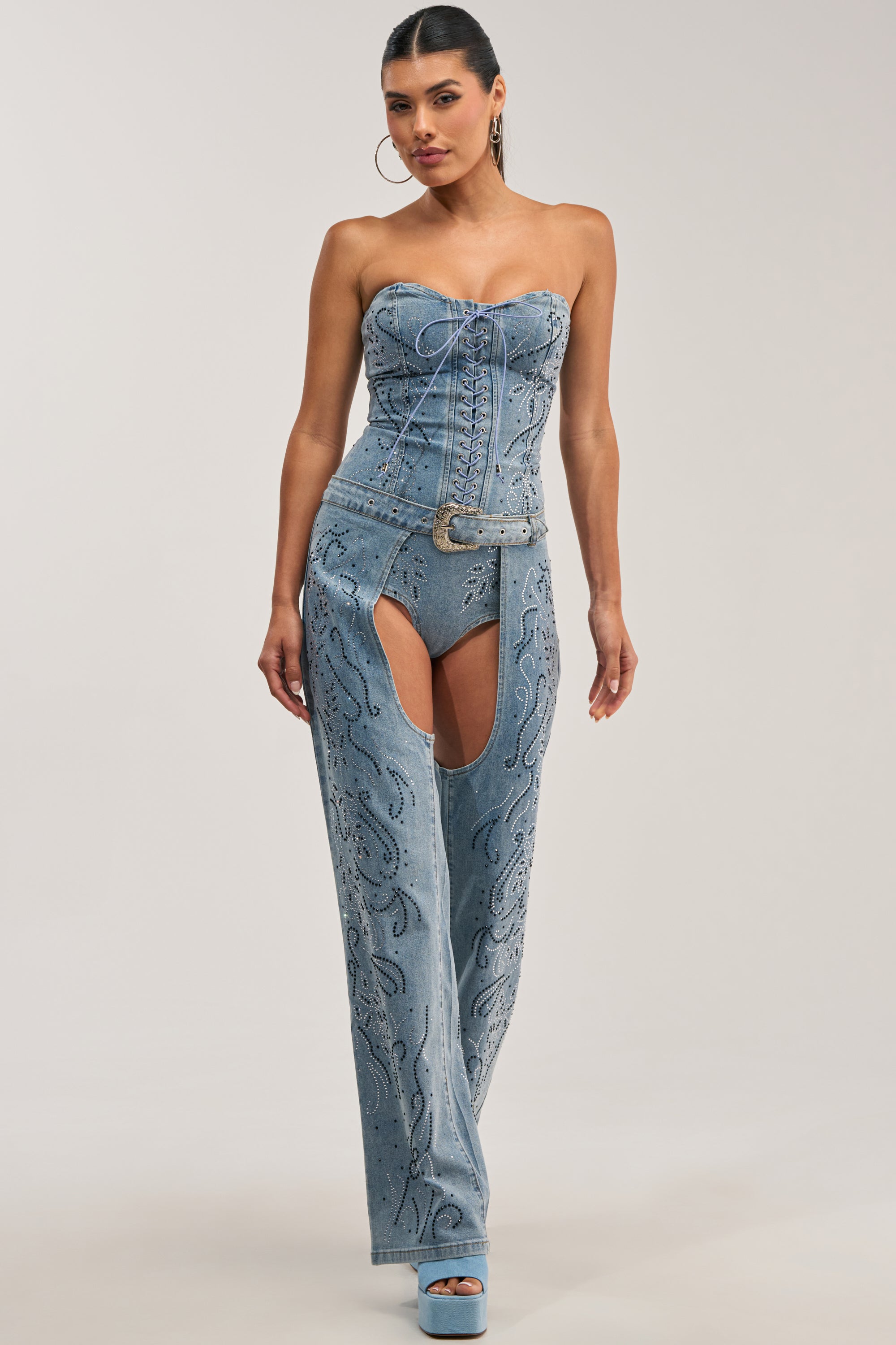 COWGIRL NIGHTS RHINESTONE DENIM BODYSUIT