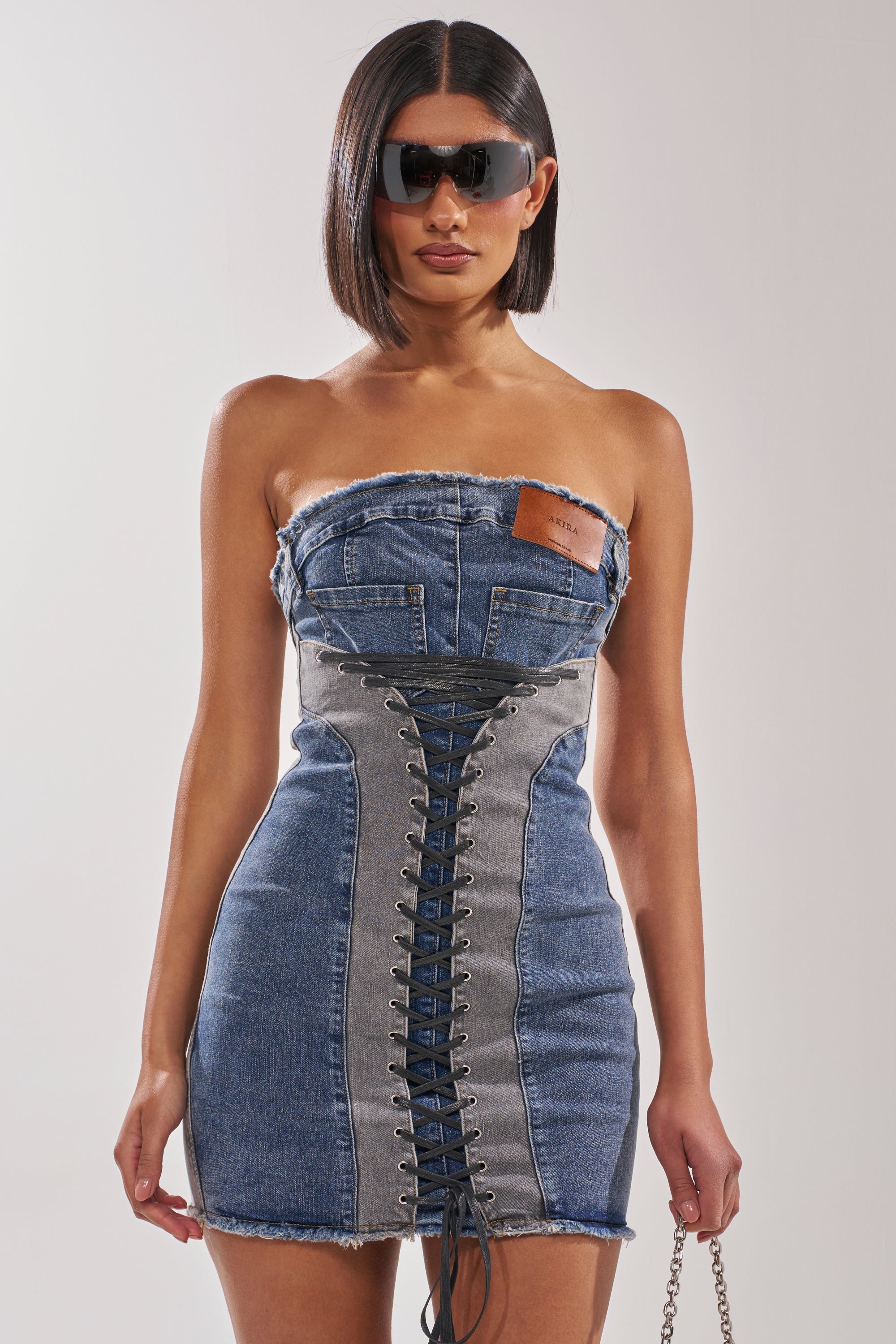 LACED UP MINI DENIM DRESS