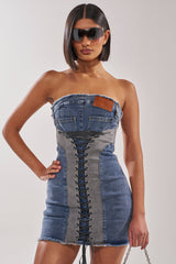 LACED UP MINI DENIM DRESS