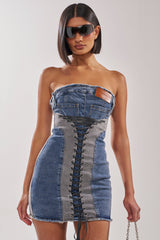 LACED UP MINI DENIM DRESS