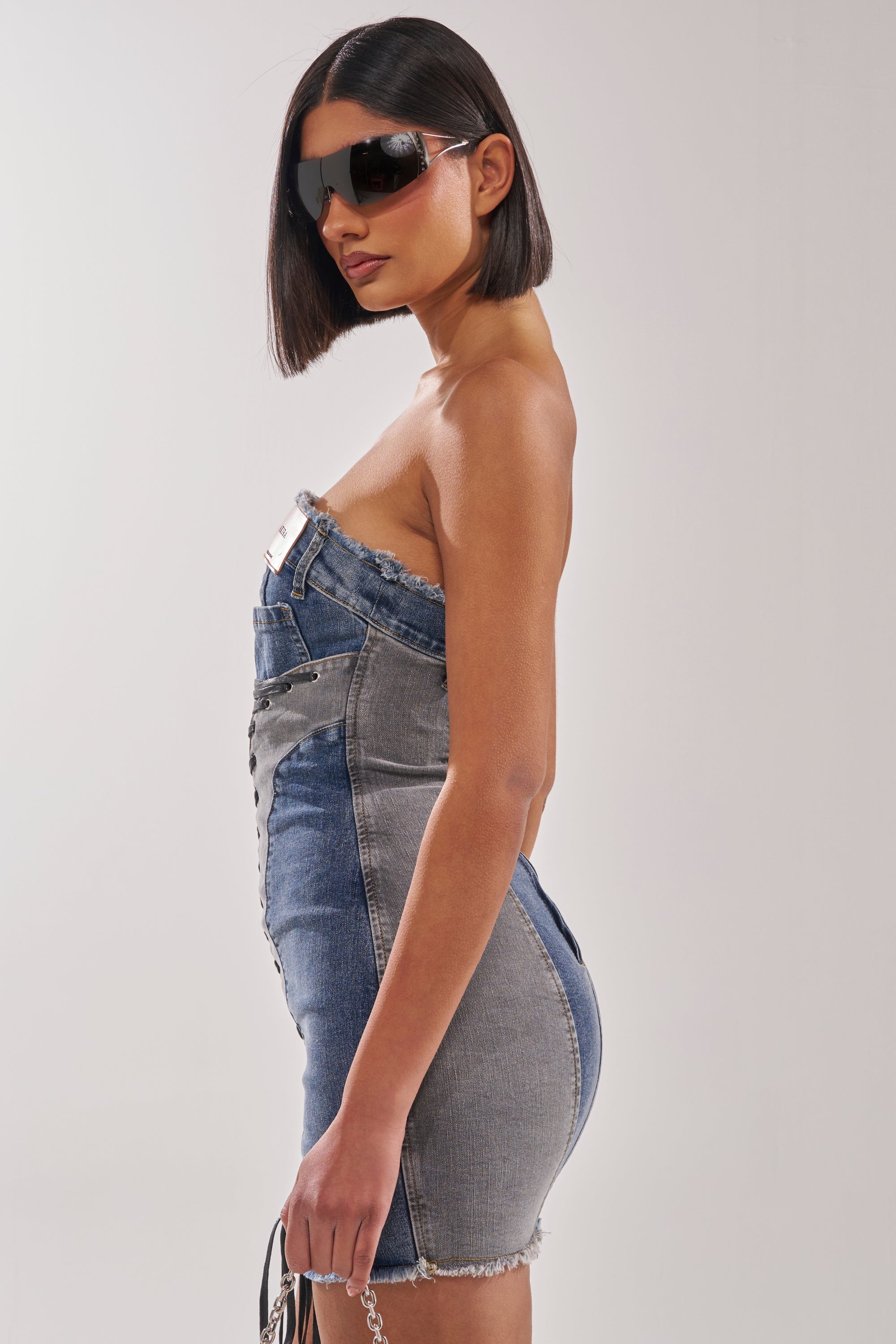 LACED UP MINI DENIM DRESS