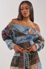 CALL ME CRAZY PATCHWORK OFF THE SHOULDER SWEATSHIRT