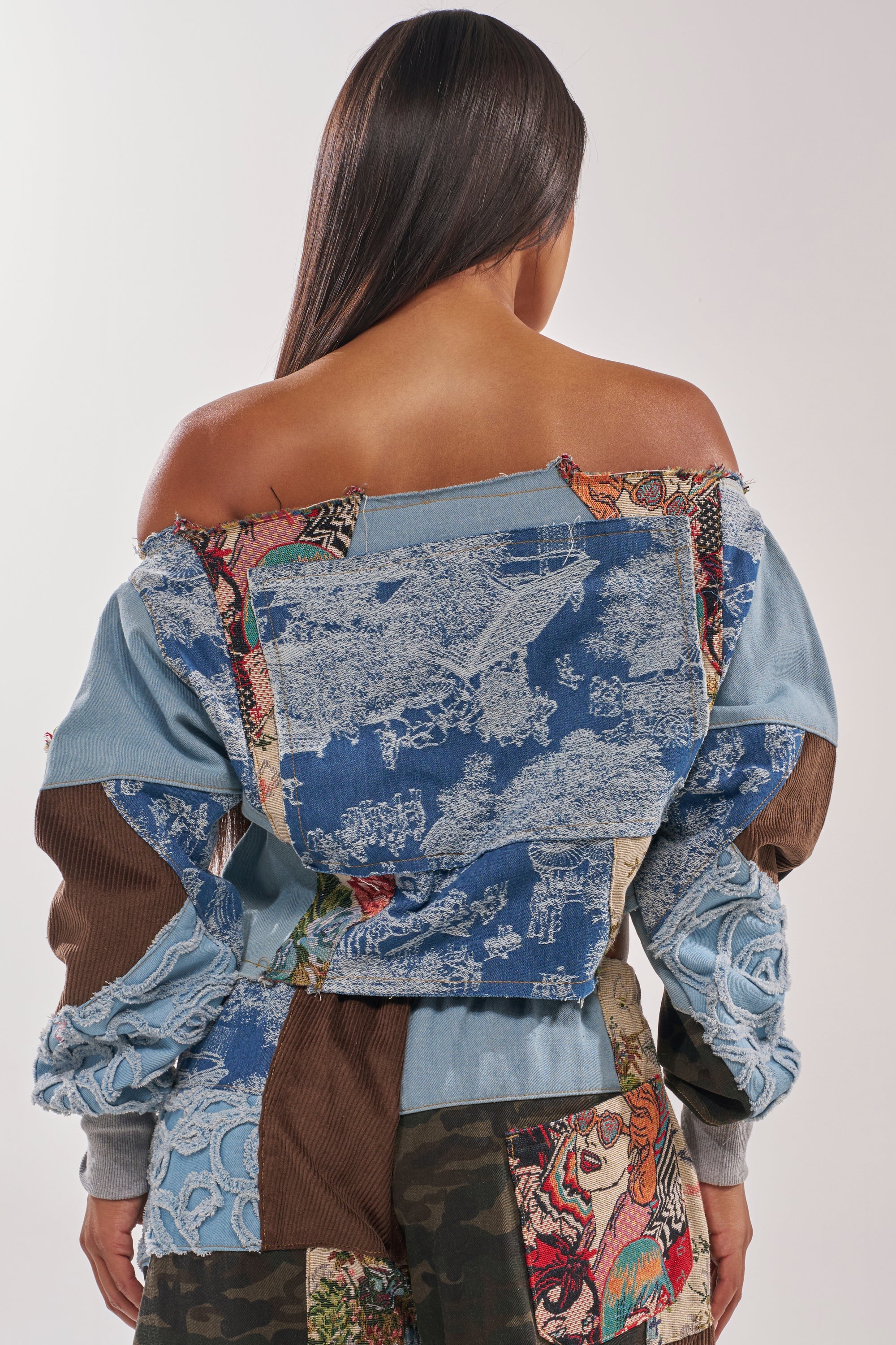 CALL ME CRAZY PATCHWORK OFF THE SHOULDER SWEATSHIRT