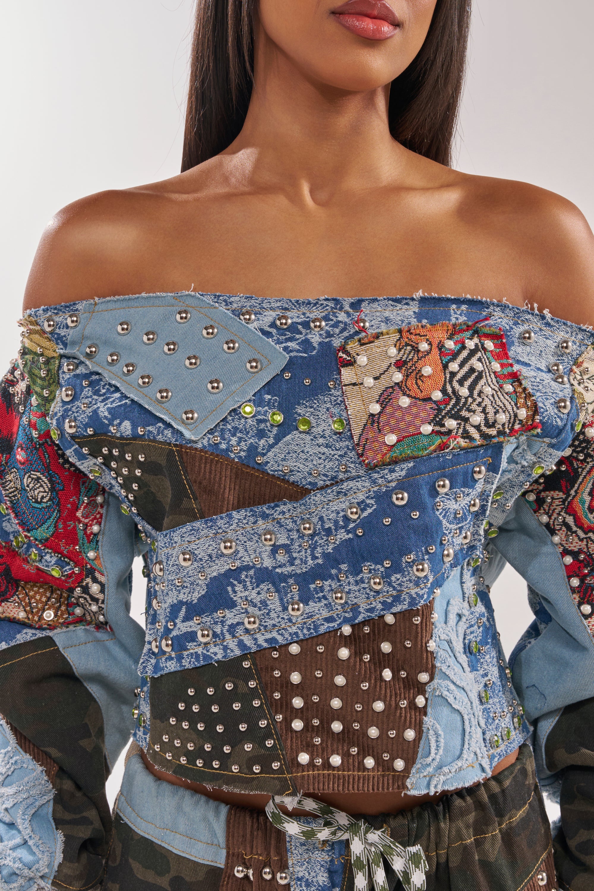 CALL ME CRAZY PATCHWORK OFF THE SHOULDER SWEATSHIRT