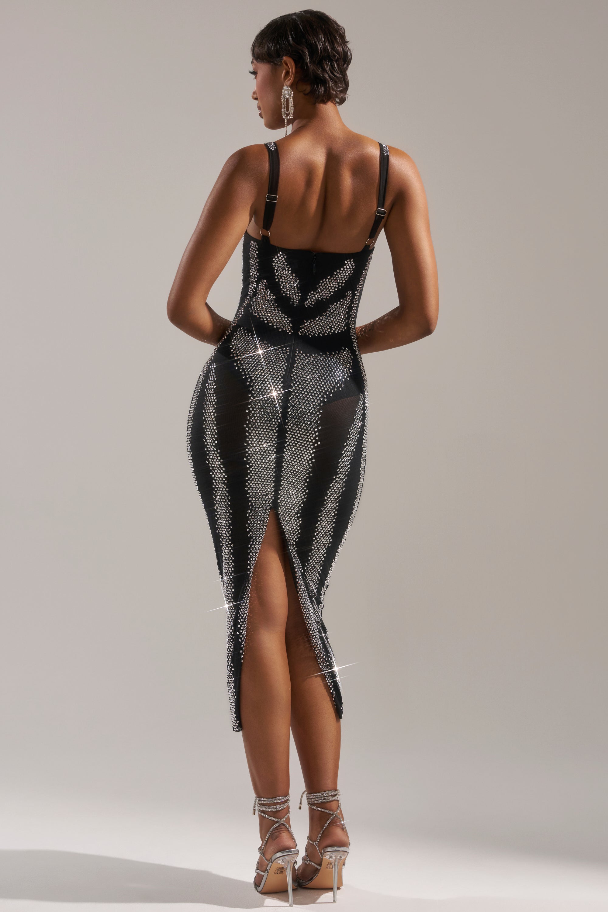 AURA RHINESTONE MESH PRINTED MIDI DRESS