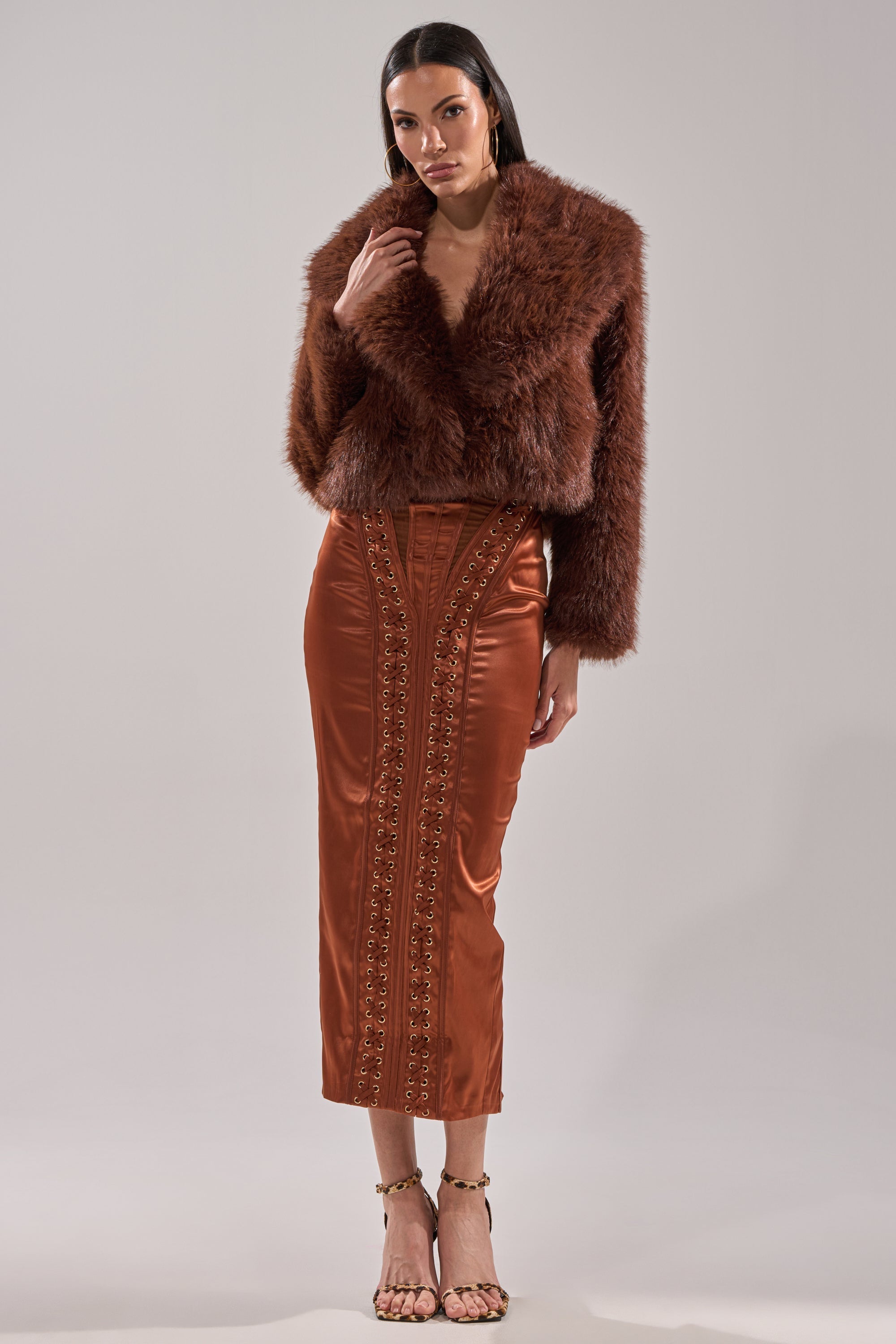WOAH BABY SATIN MIDI DRESS IN CHOCOLATE