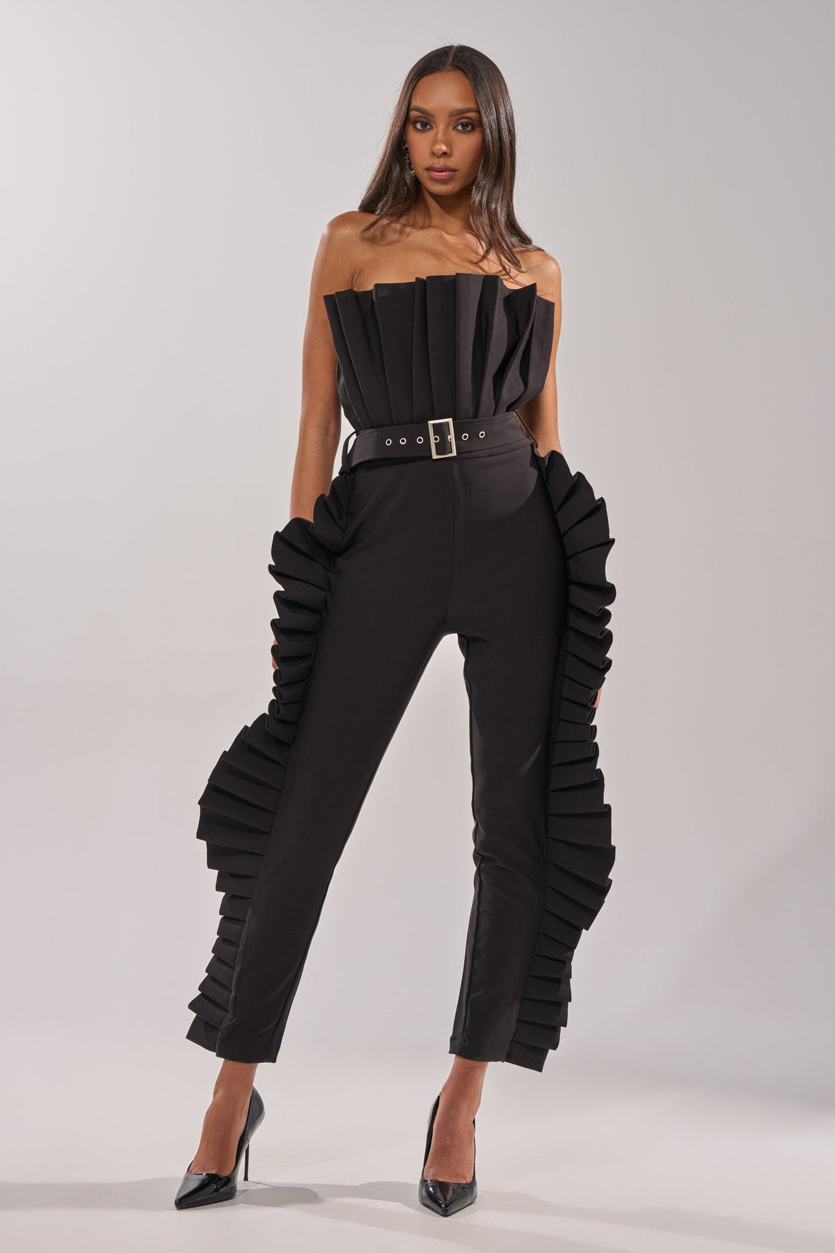 RUFFLE MY FEATHERS BLACK JUMPSUIT