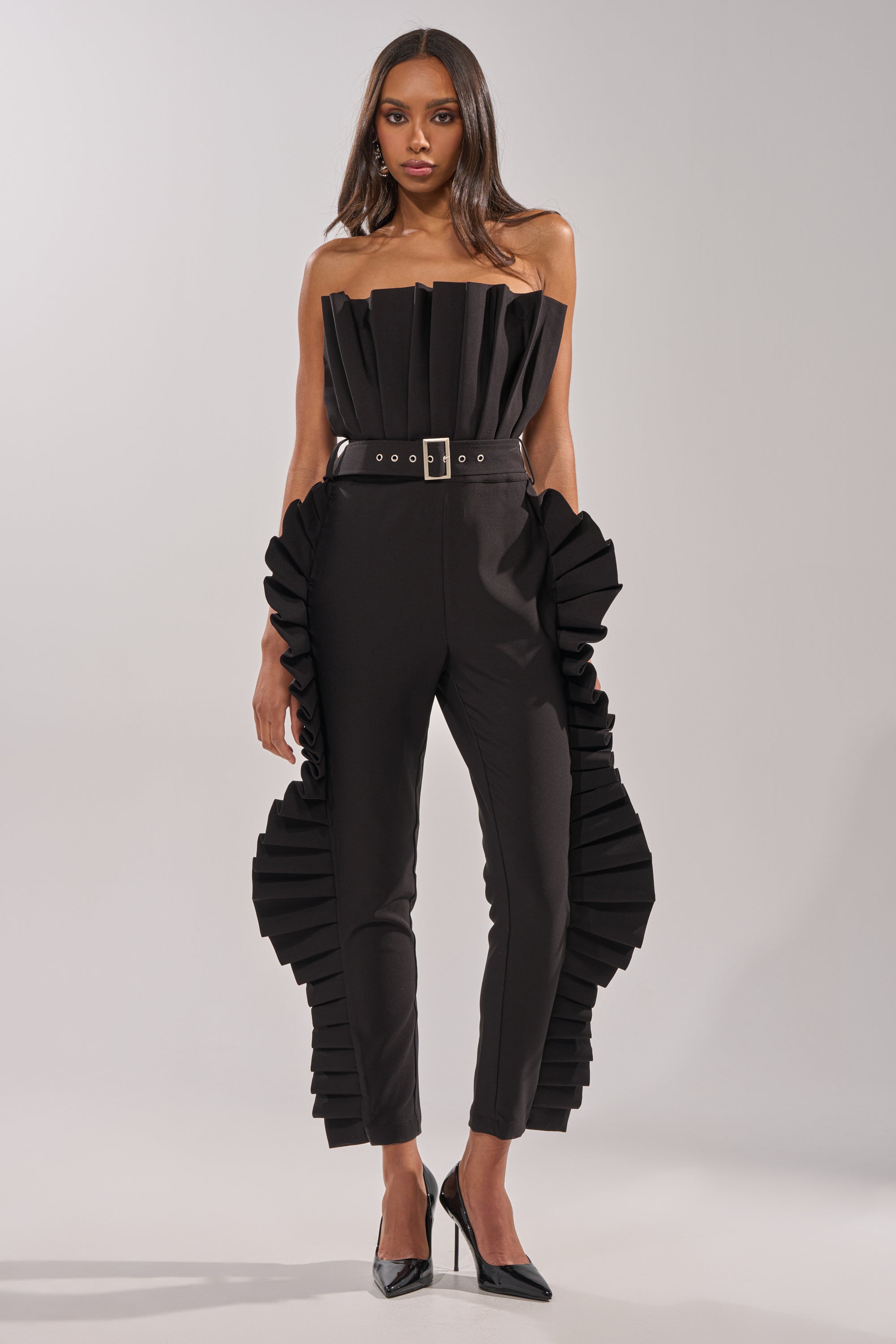 RUFFLE MY FEATHERS BLACK JUMPSUIT