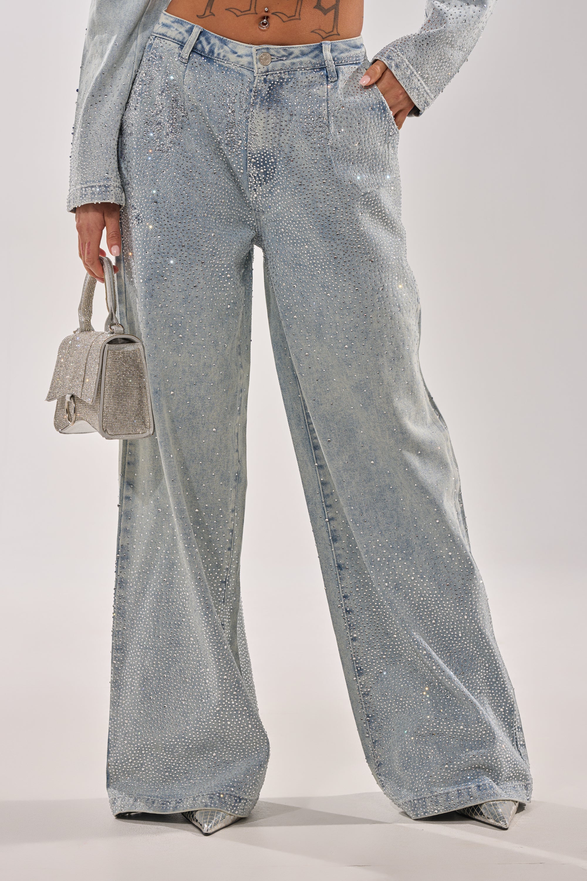 LIGHTS OUT RHINESTONE WIDE LEG DENIM