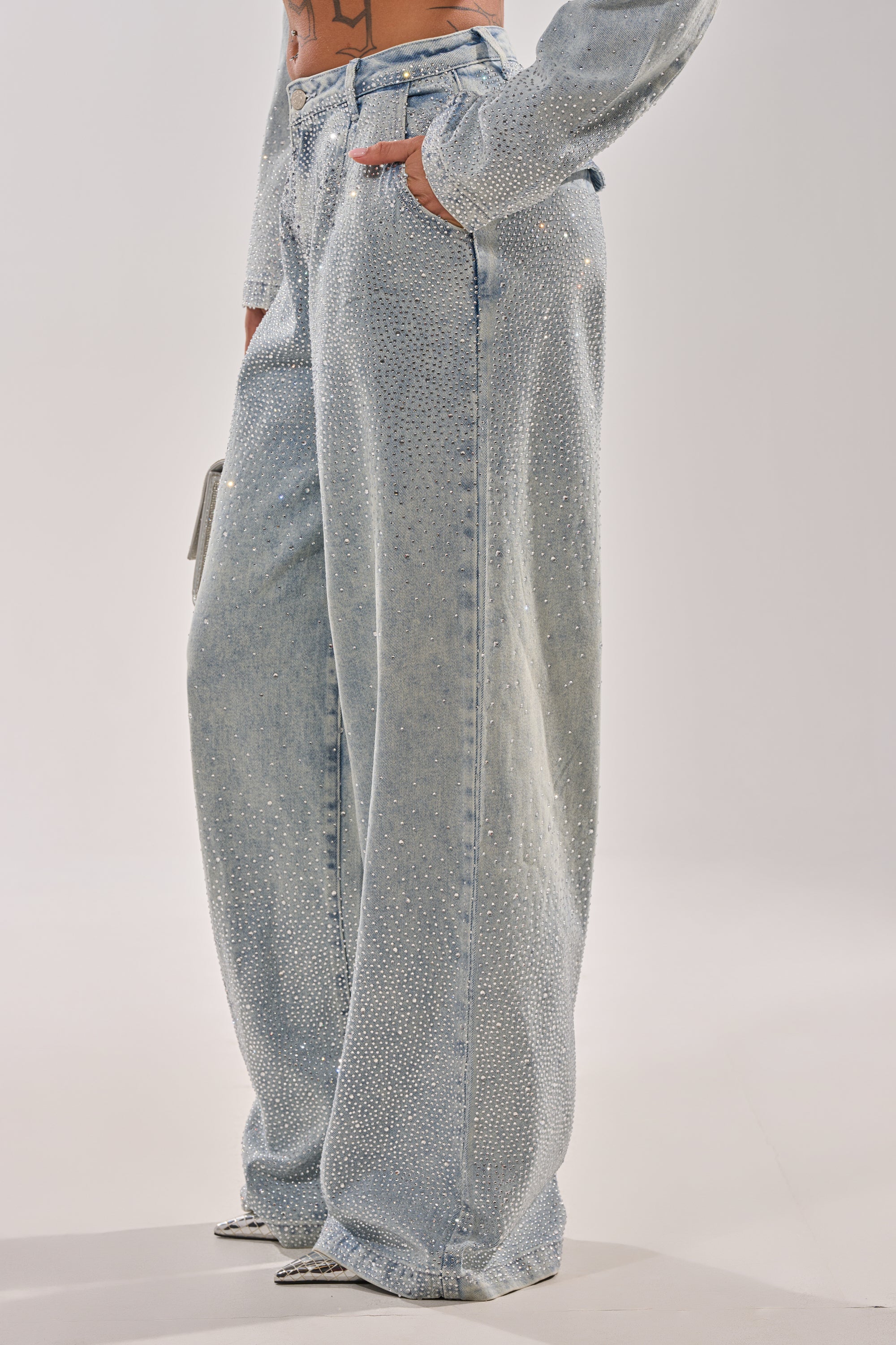 LIGHTS OUT RHINESTONE WIDE LEG DENIM