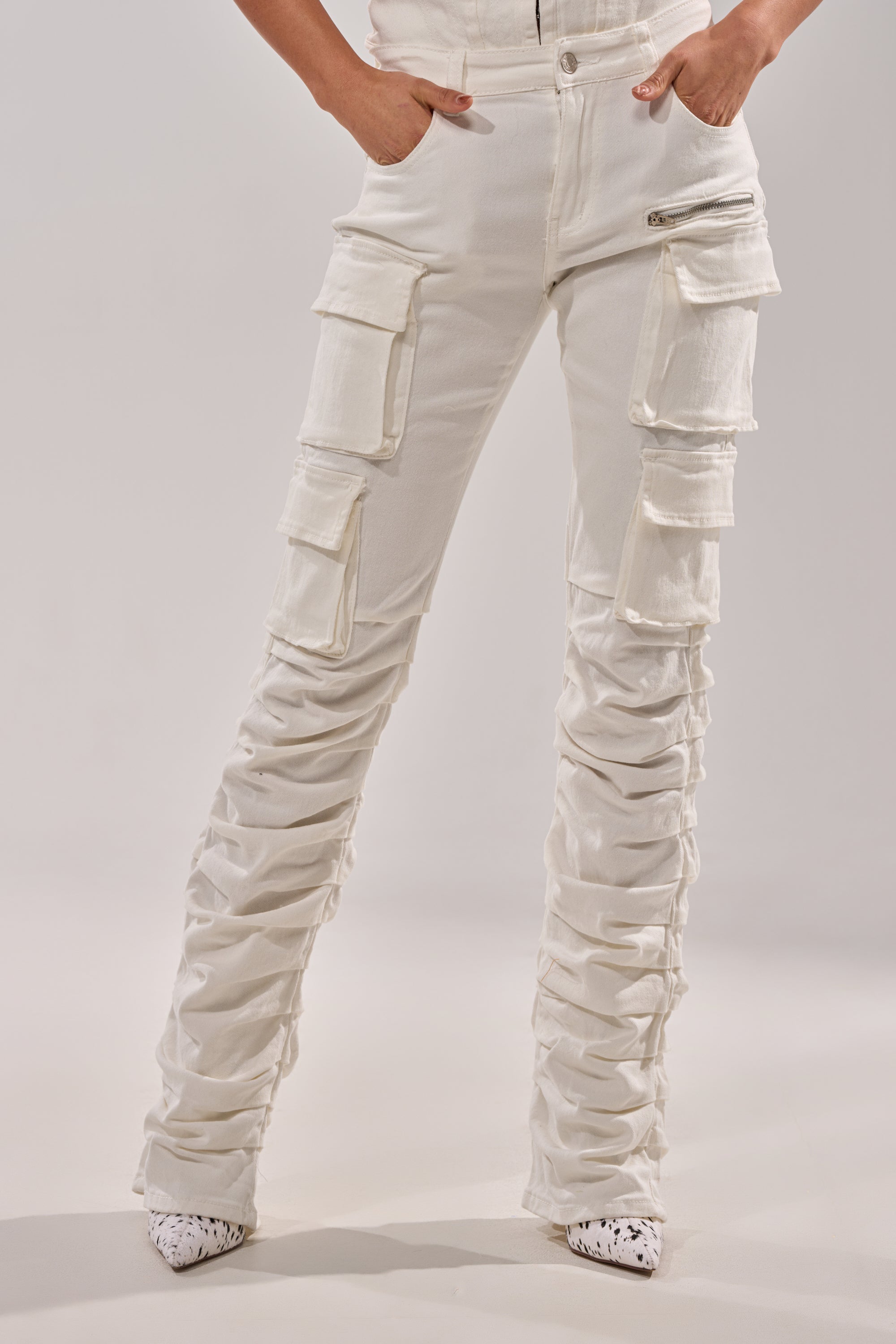 IT GETS EASIER STACKED CARGO PANT IN WHITE