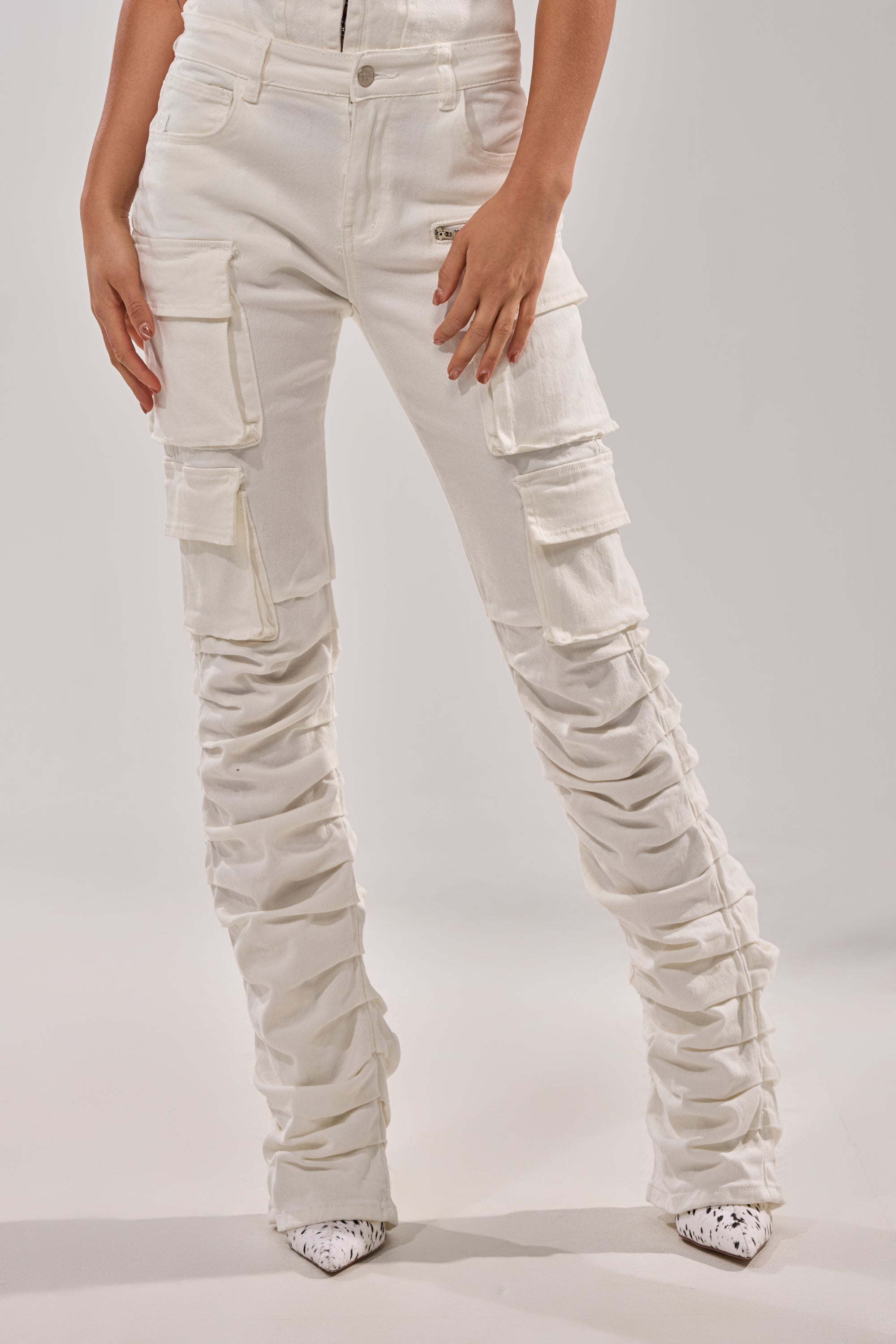 IT GETS EASIER STACKED CARGO PANT IN WHITE