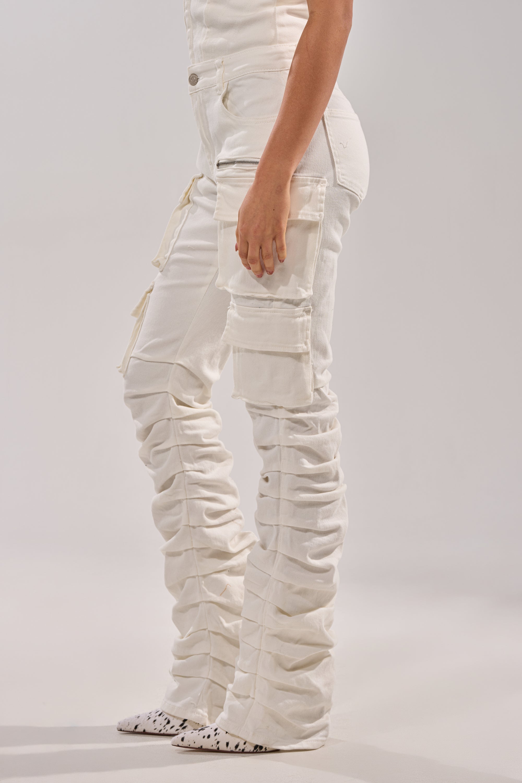 IT GETS EASIER STACKED CARGO PANT IN WHITE