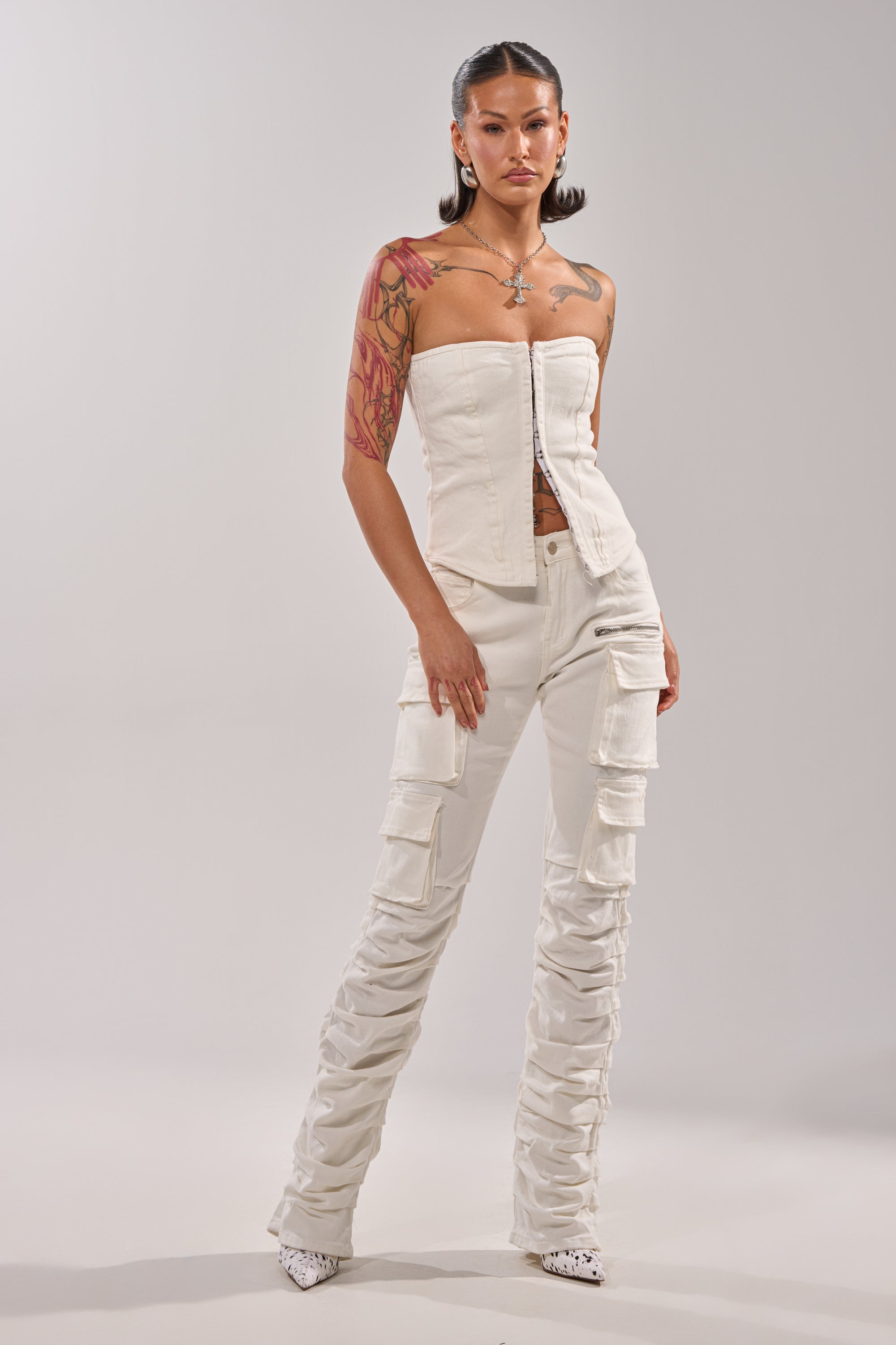 IT GETS EASIER STACKED CARGO PANT IN WHITE