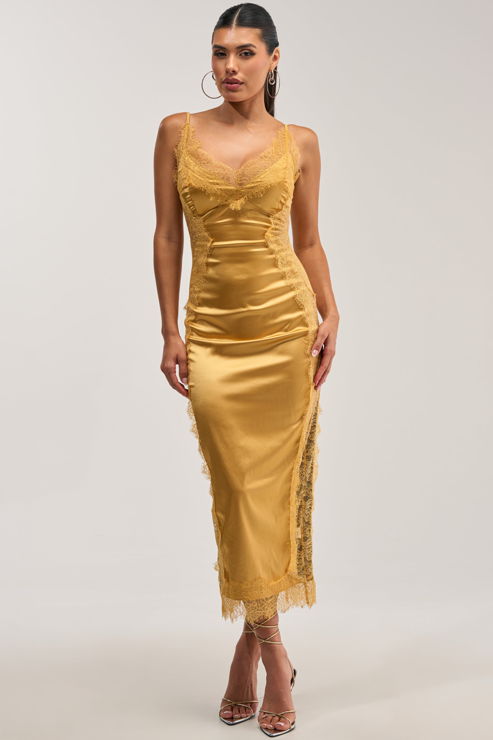ESSENTIAL LACE TRIM SATIN SLEEVELESS MIDI DRESS IN GOLD