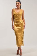 ESSENTIAL LACE TRIM SATIN SLEEVELESS MIDI DRESS IN GOLD